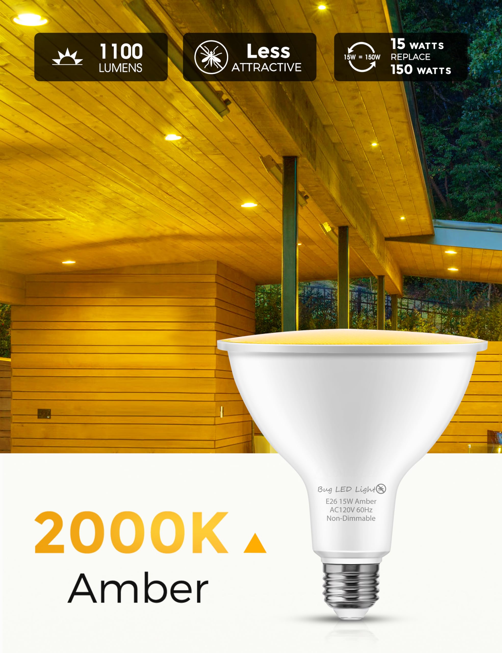 L LOHAS LED PAR38 Bug Light Bulbs, 15W 1300LM Dimmable Amber, 2000K, 2 Count, E26 Base for Patio and Outdoor Use