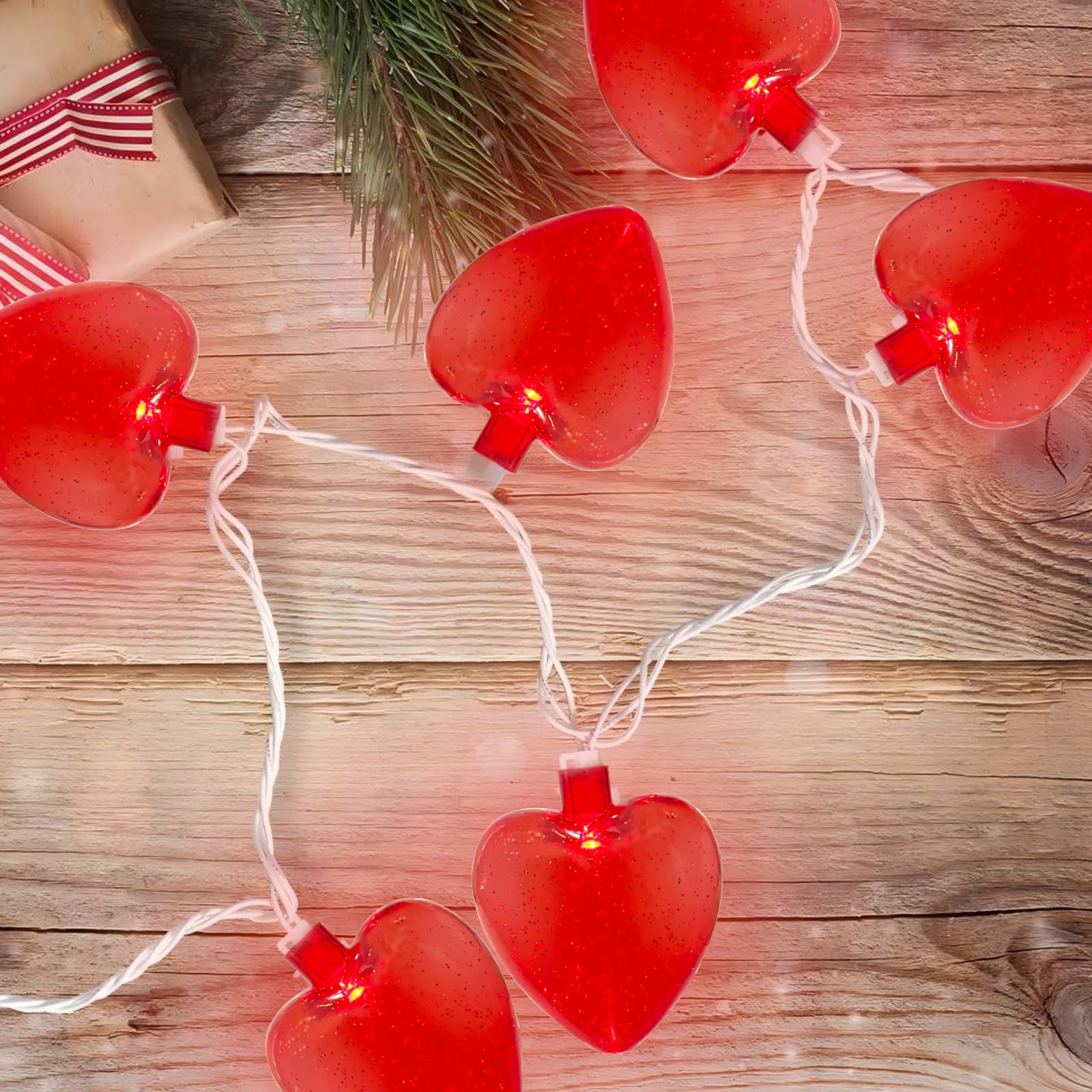 Red Heart String Lights, 8.5Ft Outdoor Valentine'S Day Decorations Lights With 10 Red Glitter Heart Lights, Hanging Valentines H