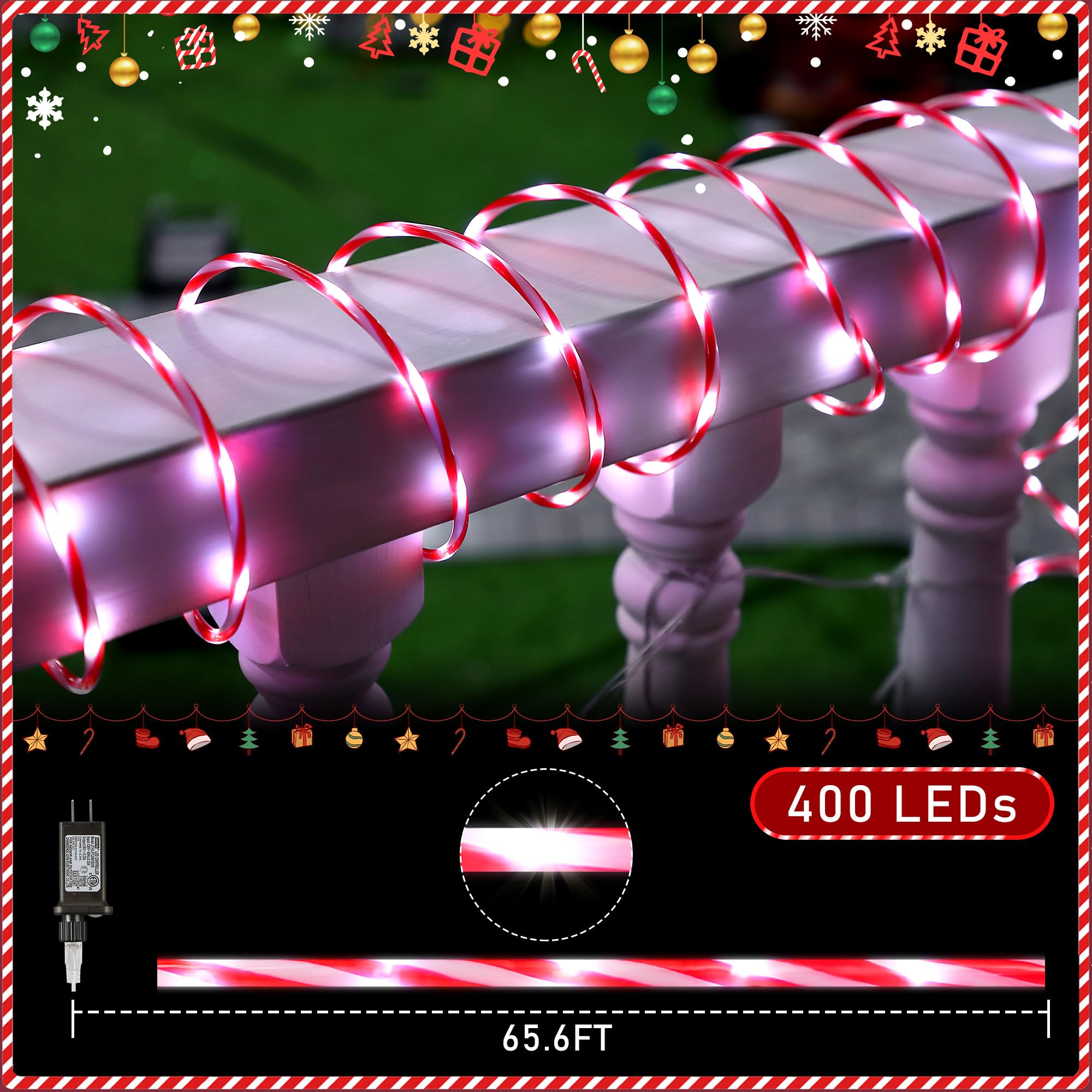 Hiboom Christmas Candy Cane Rope Lights, 65.6 ft, Red & White, Waterproof, 8 Lighting Modes, Timer, Model CW-Hiboom-1463