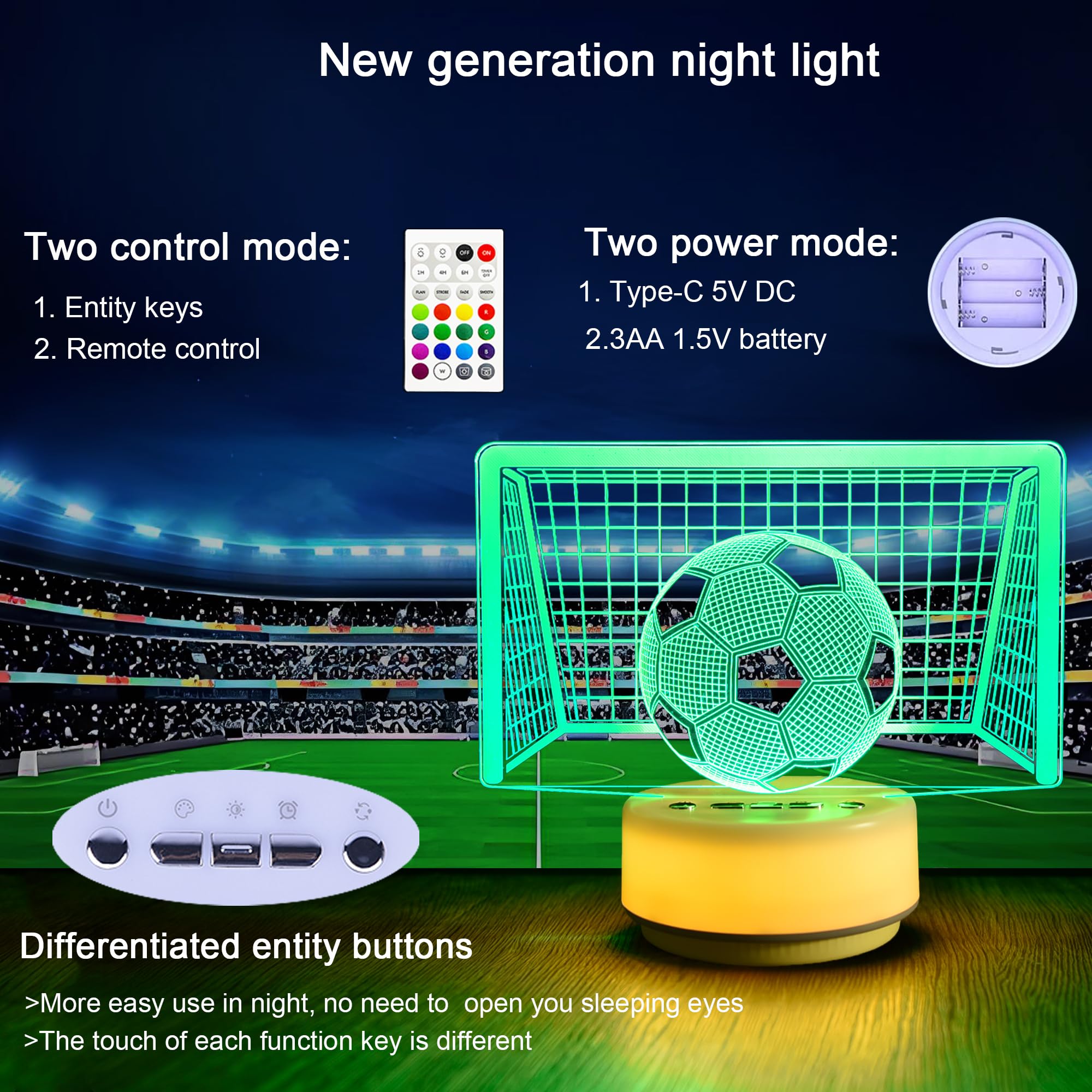 Soccer Night Light with Remote - 14 Color Changing LED Lamp, 5 Brightness Levels, Timer (1H/3H/6H), Button Control Base, Gift fo