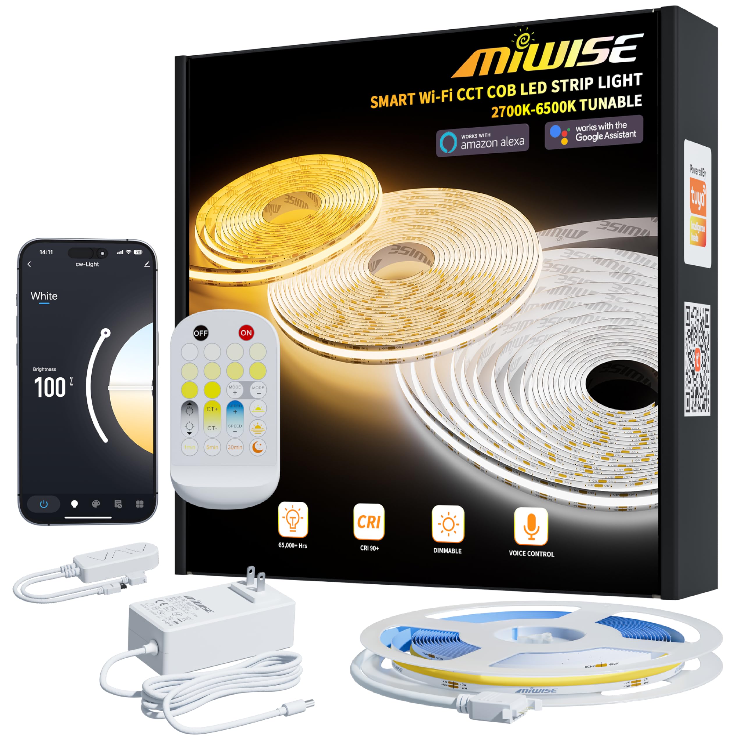 MIWISE COB LED Strip Light 24V Color Changing Dimmable 6.56ft White 2700K-6500K UL-Listed with Remote & APP Control