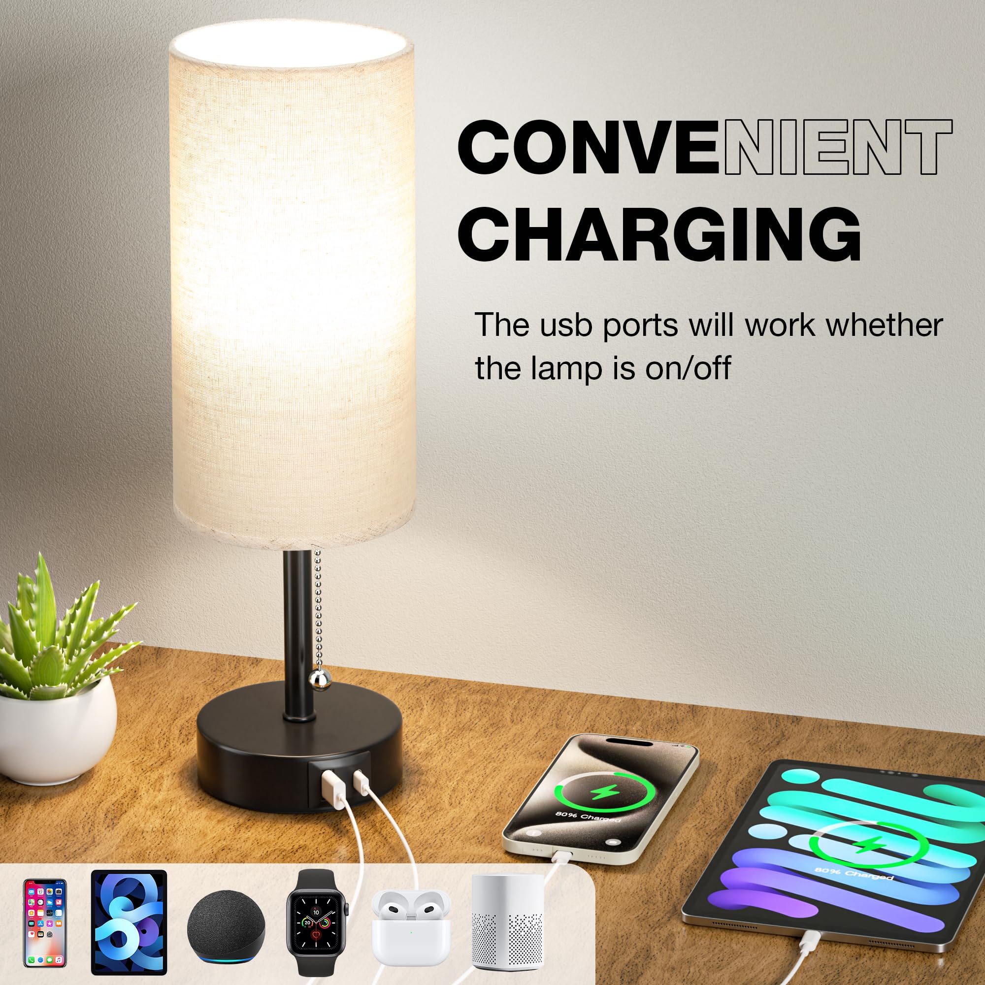 Bedside Lamps For Bedroom Set Of 2 - Nightstand Table Lamp With Usb A + C Charging Port, 3 Color Temperatures Pull Chain Night S