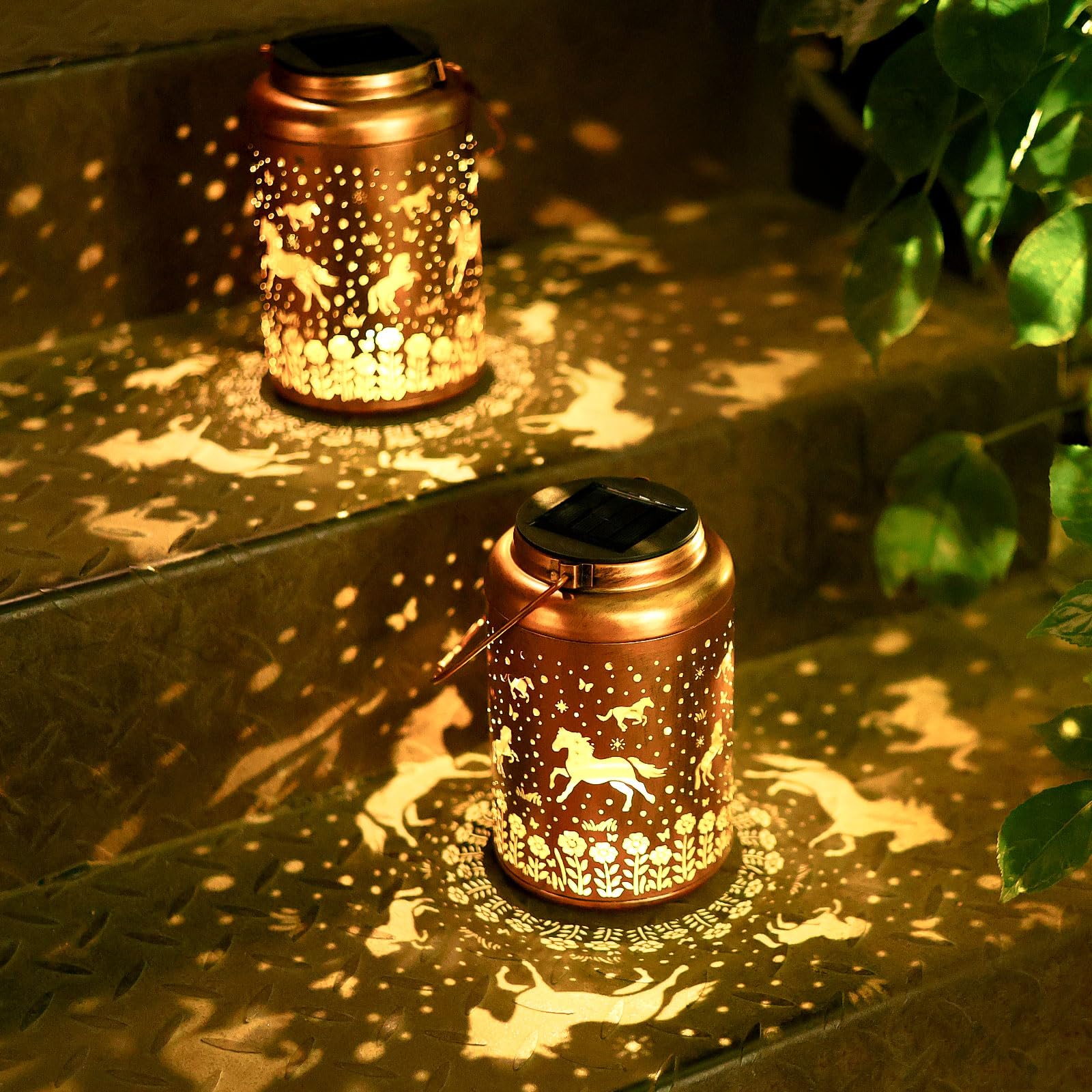 WACLSTDAY Solar Lanterns - 2Pack Outdoor Waterproof Metal Lights, Red Copper, Garden Decor, Model B-W-DL-25005-ma-02