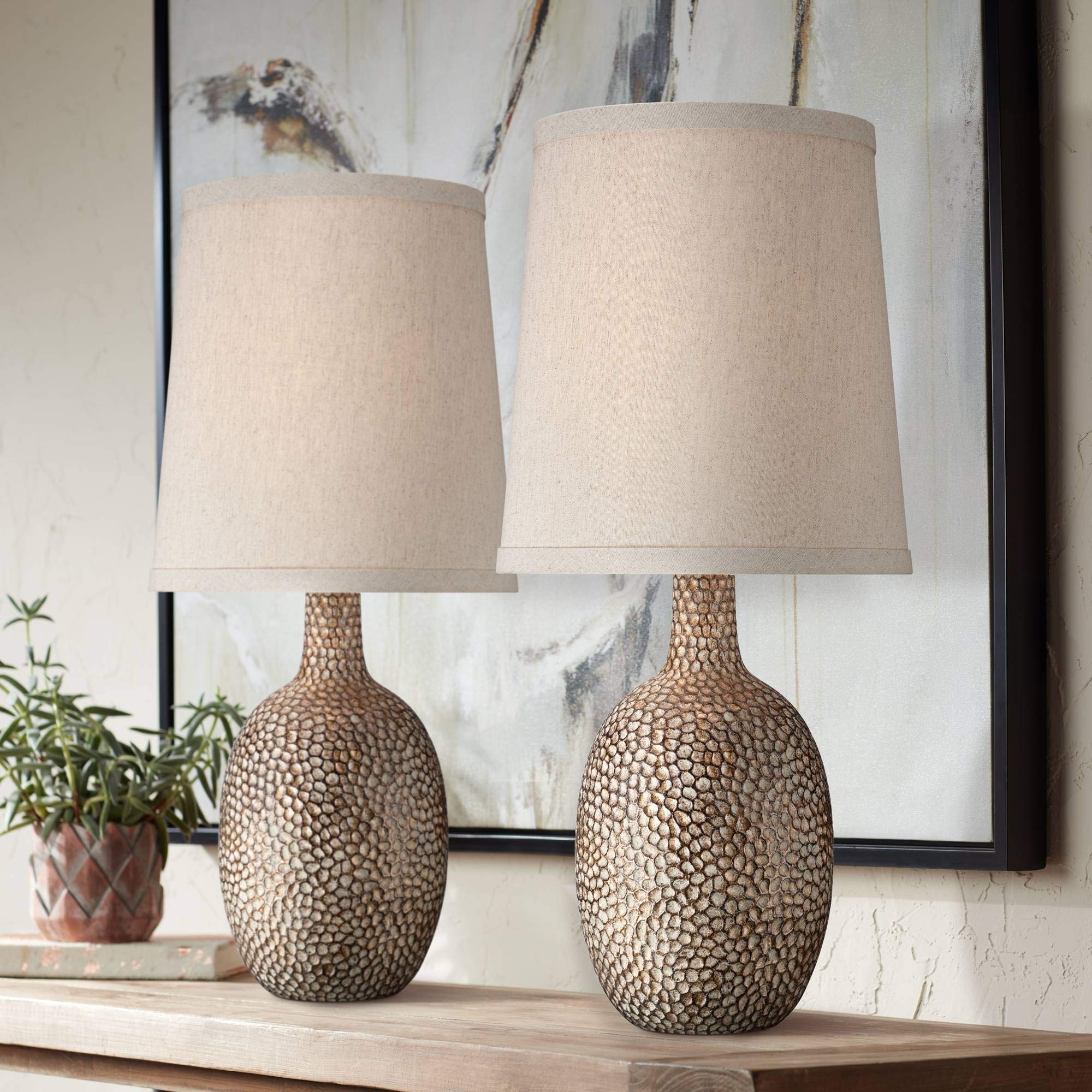 360 Lighting Chalane Rustic Farmhouse Accent Table Lamps 23 1/2 Tall Set Of 2 Antique Bronze Hammered Textured Natural Linen Shade For Bedroom Living Room House Bedside Nightstand Office -Like New