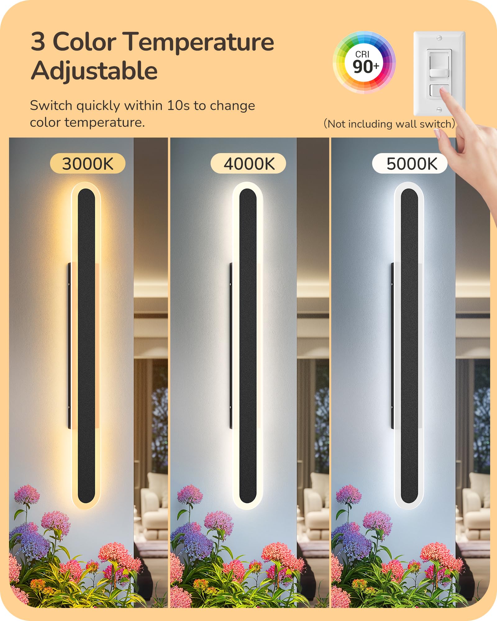 EDISHINE LED Outdoor Wall Lights, Dimmable 47.2in Long Oval, IP65 Waterproof, Black, Model HOWL22R, 3CCT