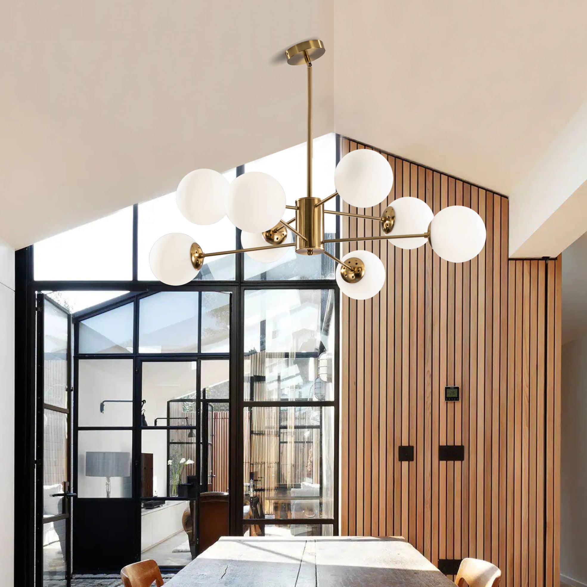 KCO 8-Light Glass Sputnik Chandelier Modern Gold Pendant Light Fixture - L1085-8-Head, Metal, White and Gold