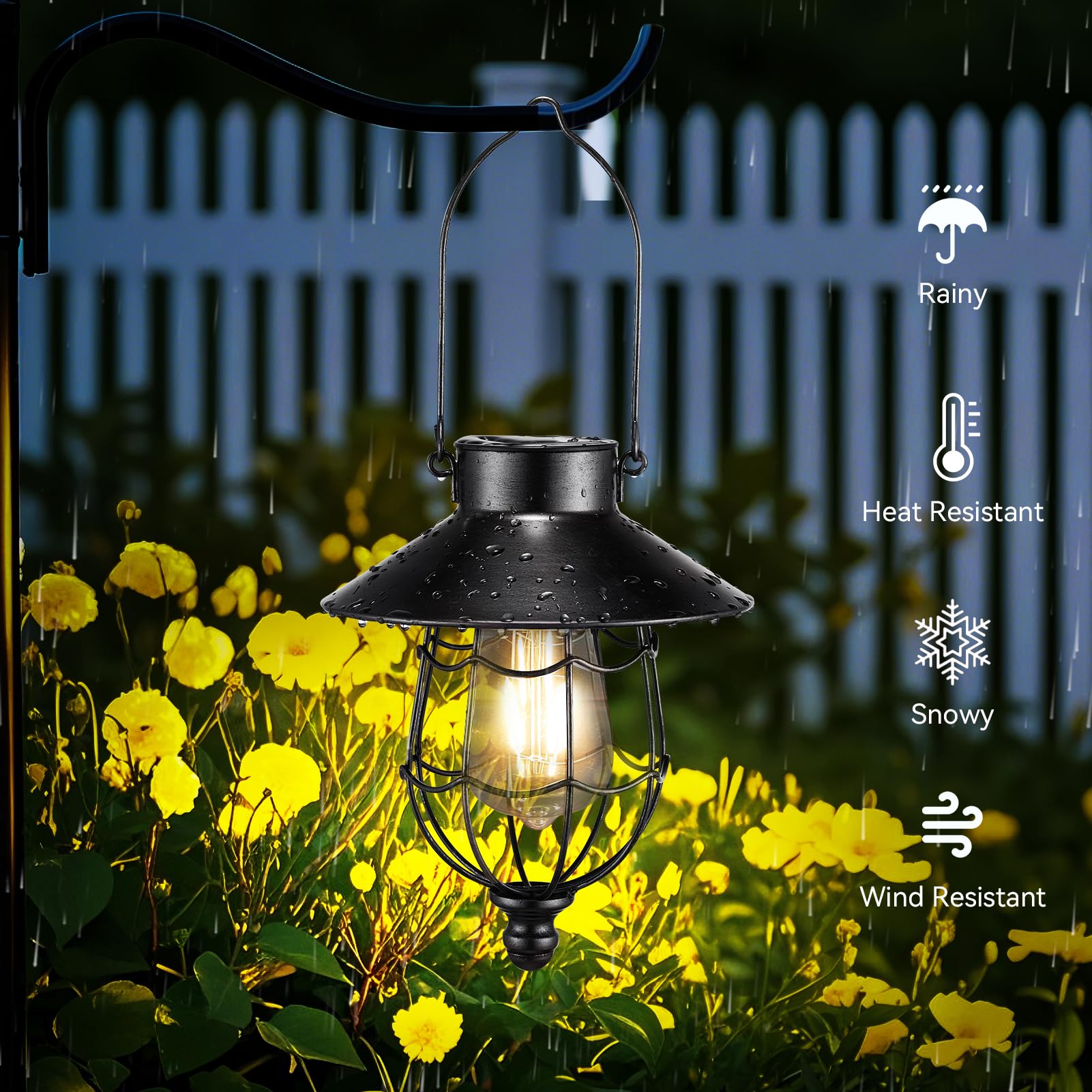 pearlstar Solar Lantern - Vintage Waterproof Hanging Light, Warm White Edison Bulb Design, Black, Model 176