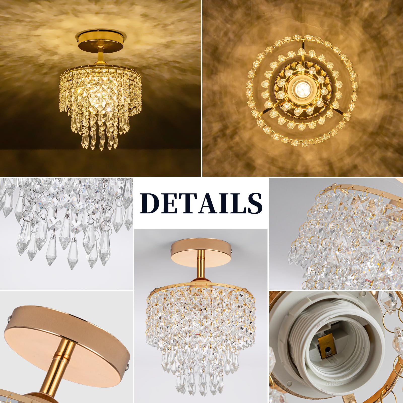 HongnuoFc Mini Crystal Chandelier, 3-Tier Raindrop Flush Mount Light, Gold Finish, Ideal for Bedroom, Kitchen, Bathroom, Model HN013
