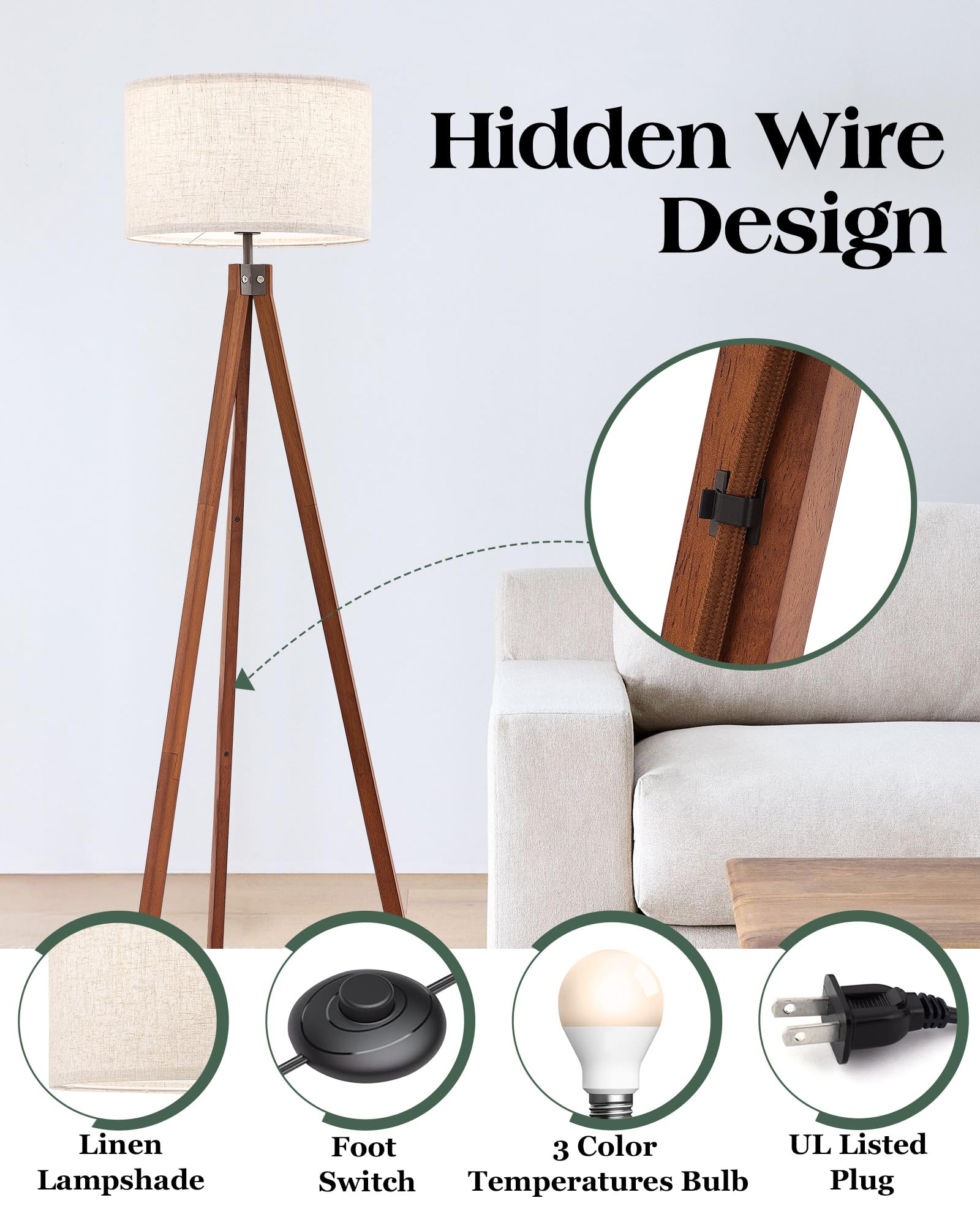 ELYONA Solid Wood Tripod Floor Lamp, Mid Century Modern with 3 Color Temperatures, Brown, Model UF1101, Nature Linen Shade for Bedroom & Office