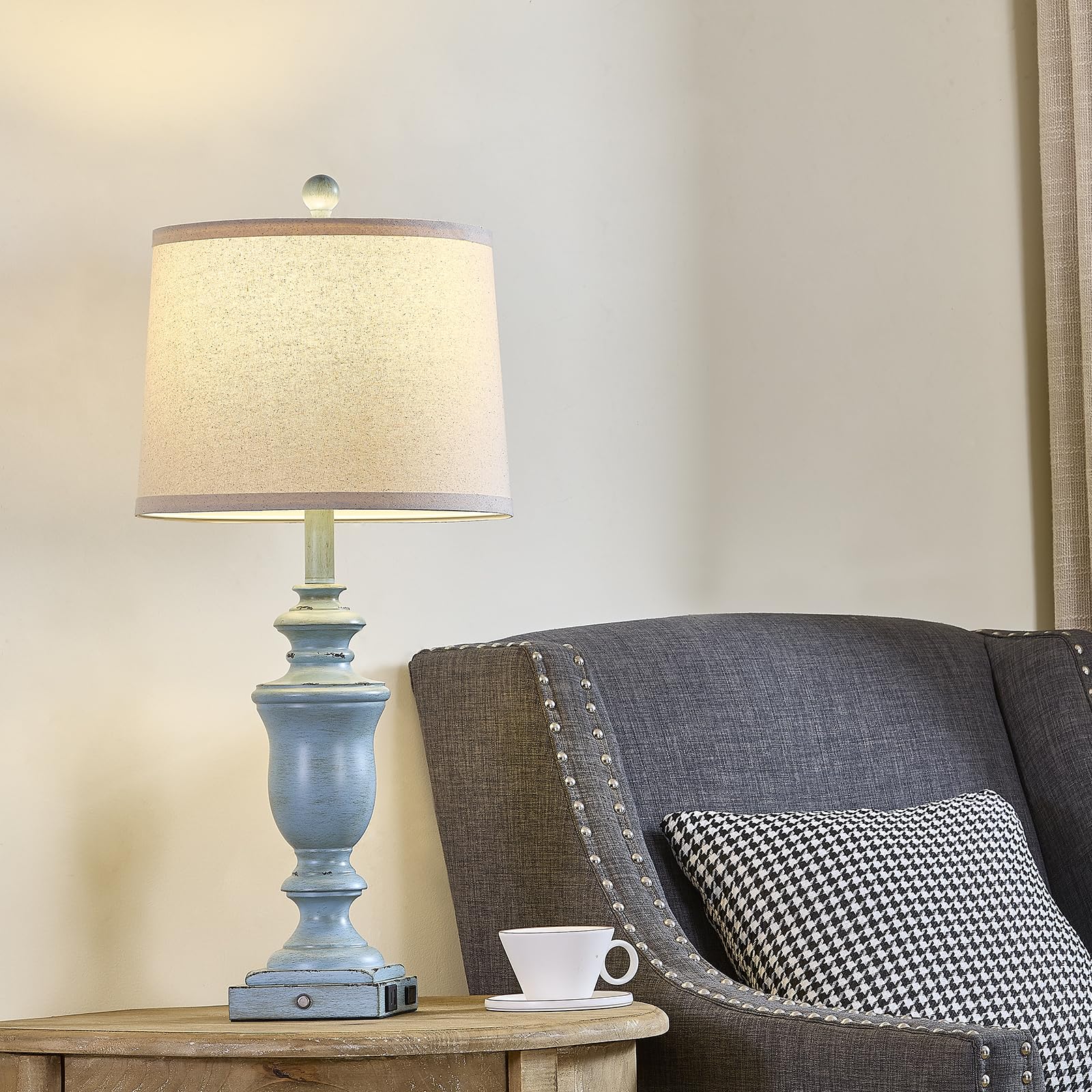 SAIWEYA 27.5in Farmhouse Table Lamps Set of 2, 3 Way Dimmable, Resin, Antique Blue, Model TM-T04, USB & AC Outlet