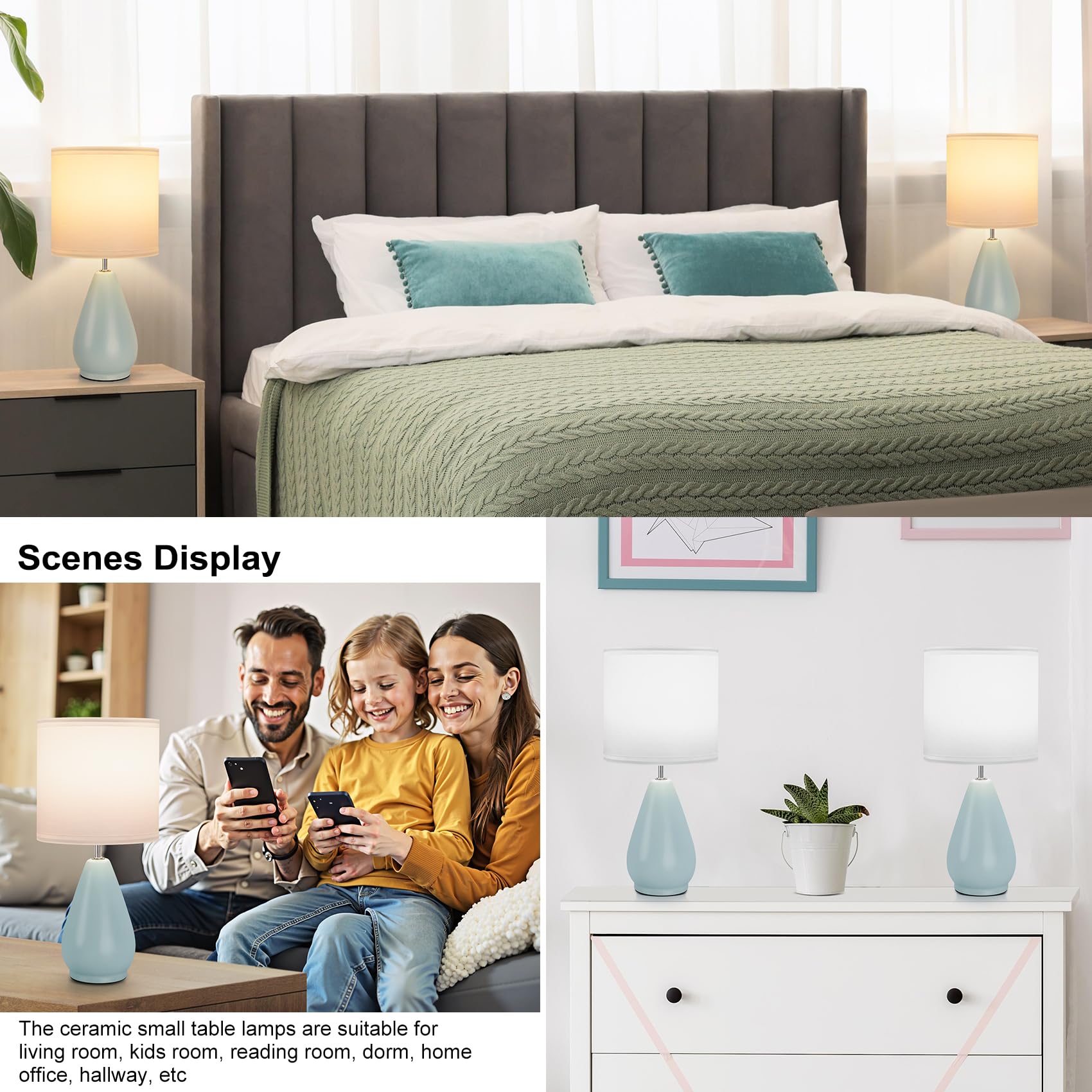 Yacoto Ceramic Table Lamps Set Of 2, Small Blue Bedside Lamps For Bedroom Modern Nightstand With 3 Color Temperatures For Living