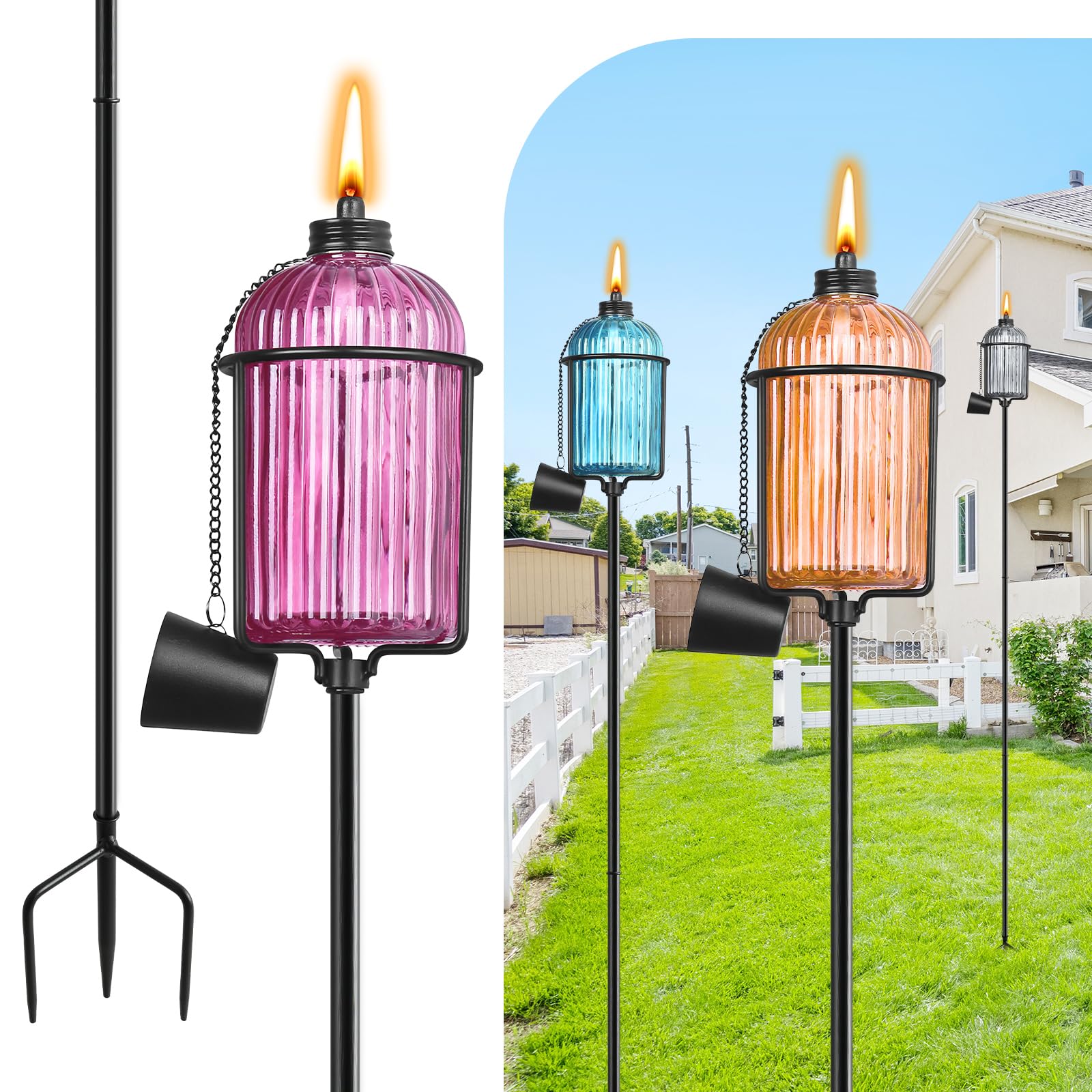 Fan-Torches 4 Pack Colorful Metal Garden Torches, 59-Inch Citronella Outdoor Decor