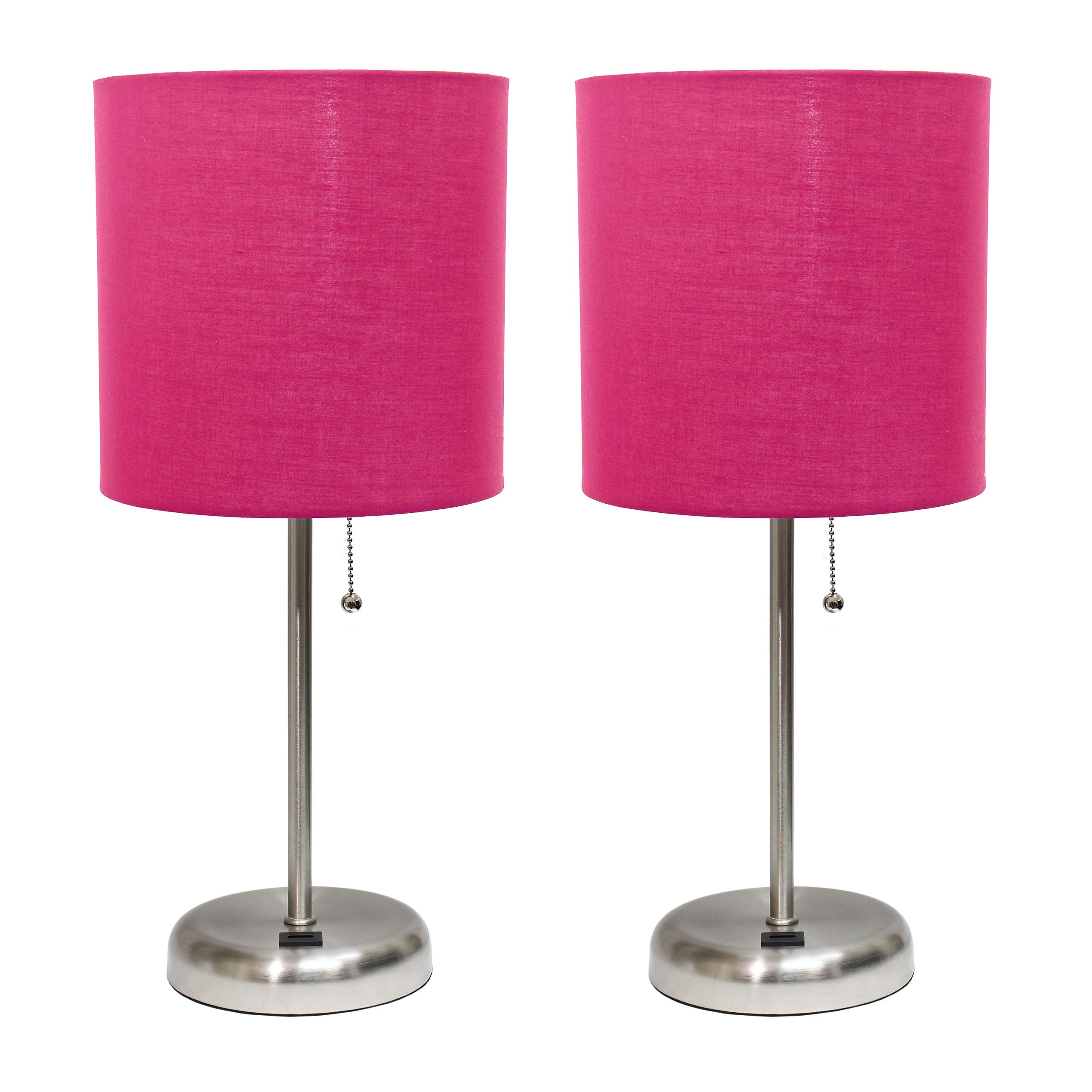 Simple Designs LC2002-PNK-2PK Brushed Steel Table Lamp Set with USB Port, Pink Fabric Shades, 2 Pack