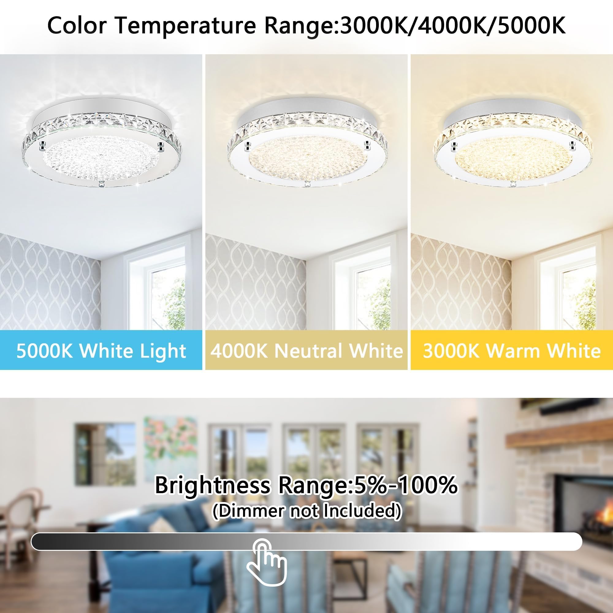 Lzawvm 13&quot; Flush Mount Crystal Ceiling Light - Led 3-Color Change For Modern Hallway & Living Room