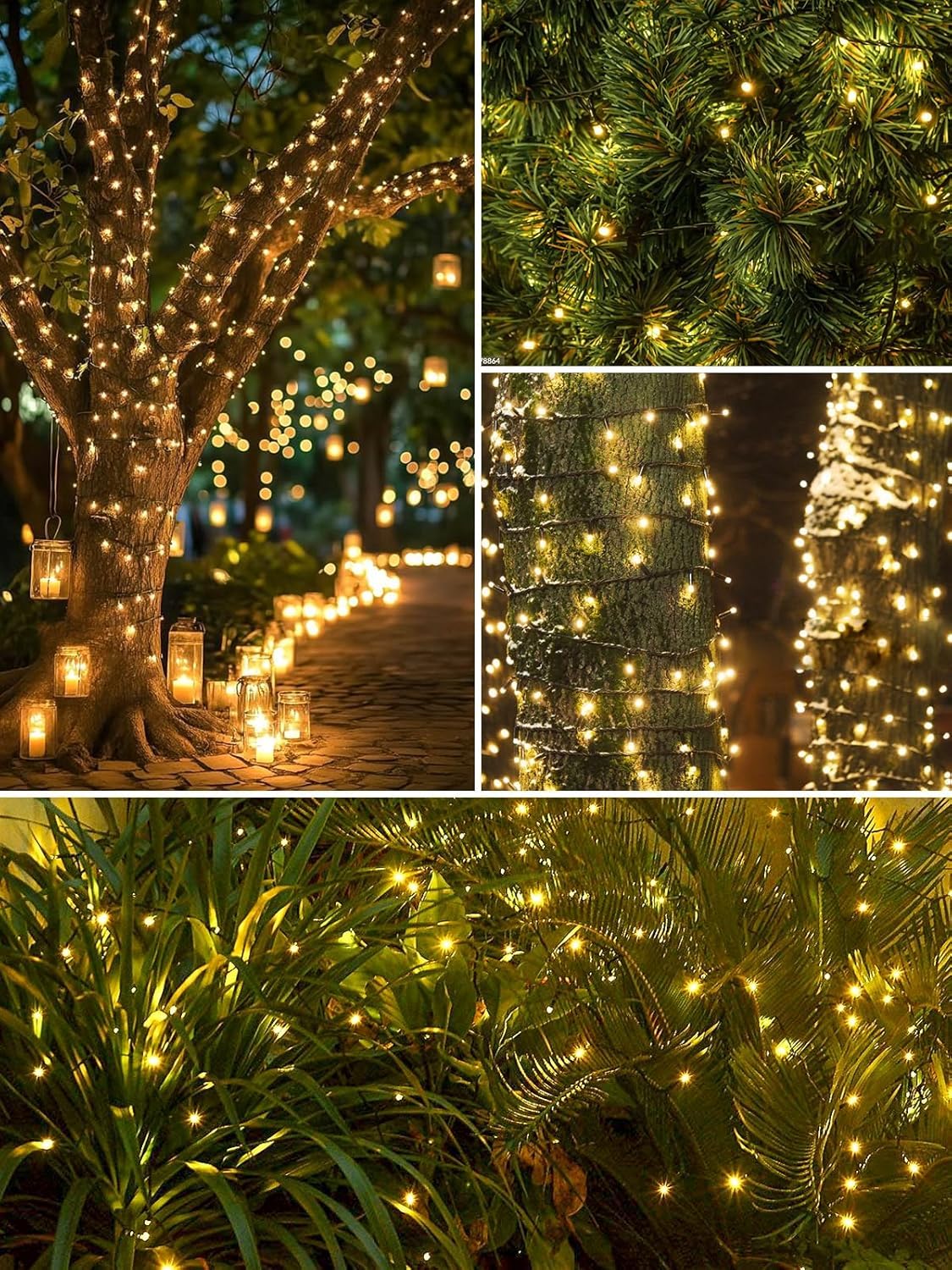 4 Pack Total 800 Led Solar Christmas Lights Outdoor  Solar String Lights For Outside With 8 Modes  Waterproof Green Wire Solar Powered Tree Light For Xmas Party Yard Garden Decorations (Warm White)