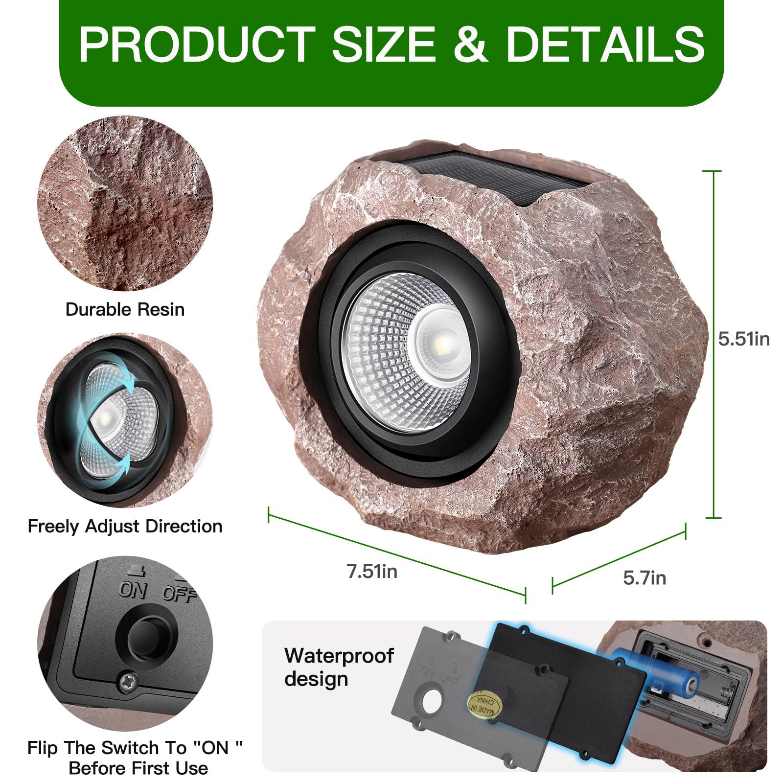 Timeflies Solar Rock Lights, 4 Pack Super Bright IP65 Waterproof Solar Spot Lights for Outdoor Gardens, Yards, Patios - Model LT-151S4