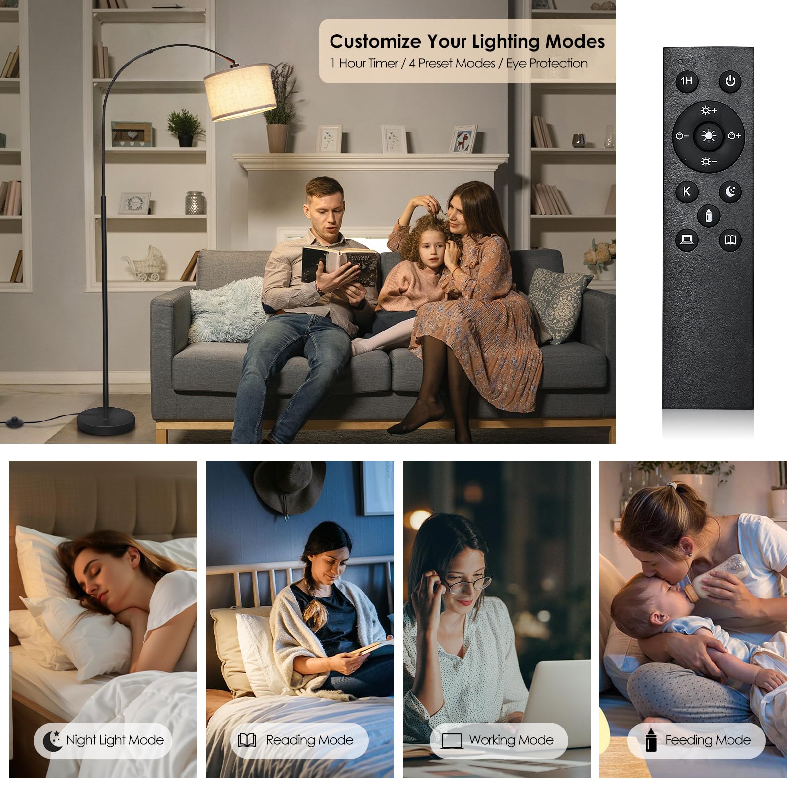Qingmiao Arc Floor Lamp, Modern Dimmable Standing Lamp With Remote, Black Metal Shade, Foot Switch, Ideal For Living Room Or Bedroom