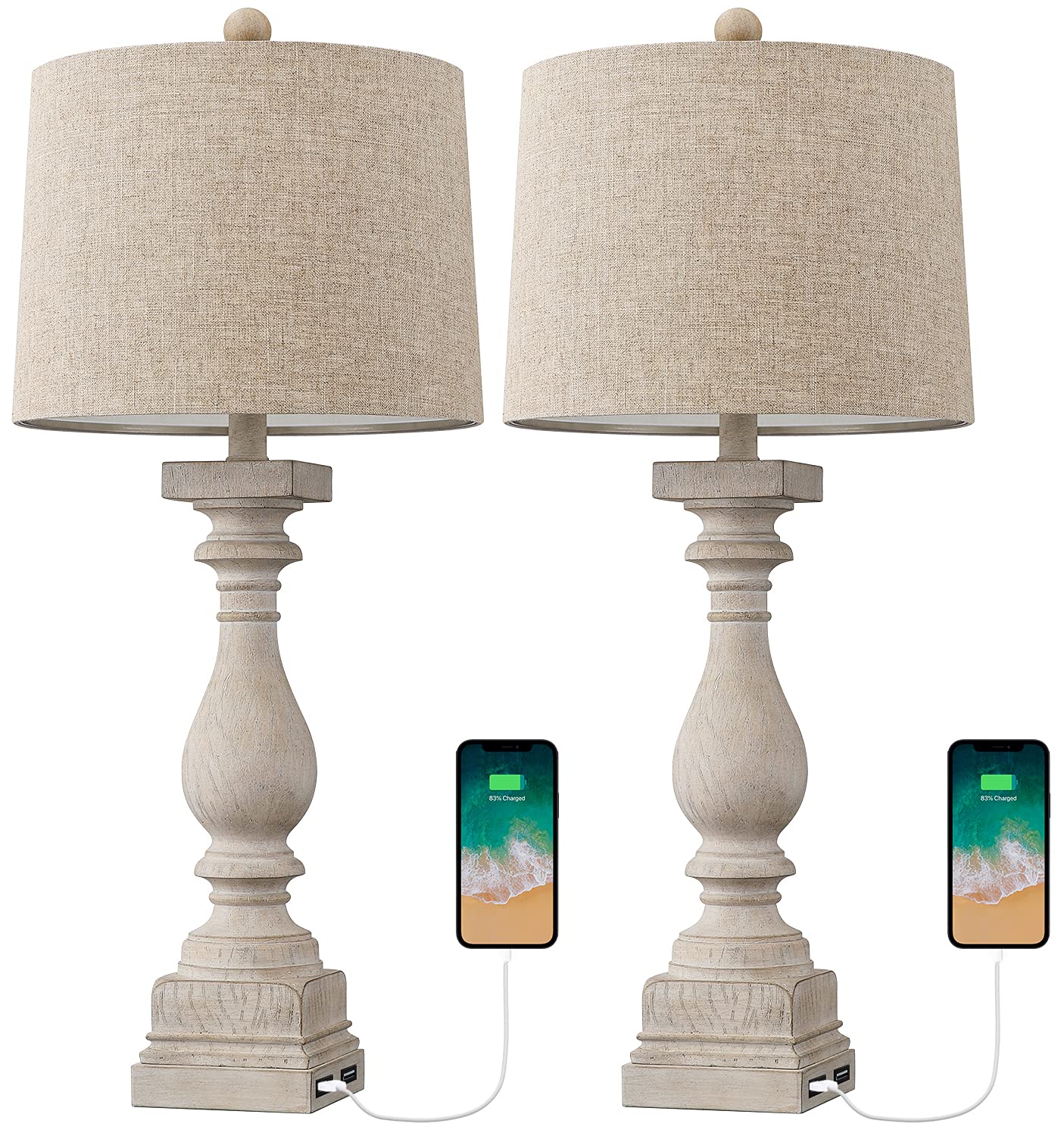BOBOMOMO 27" Table Lamp Set of 2 with USB Charging Ports, Antique Washed White, Linen Shade, Model AMZ-T279USB-WW