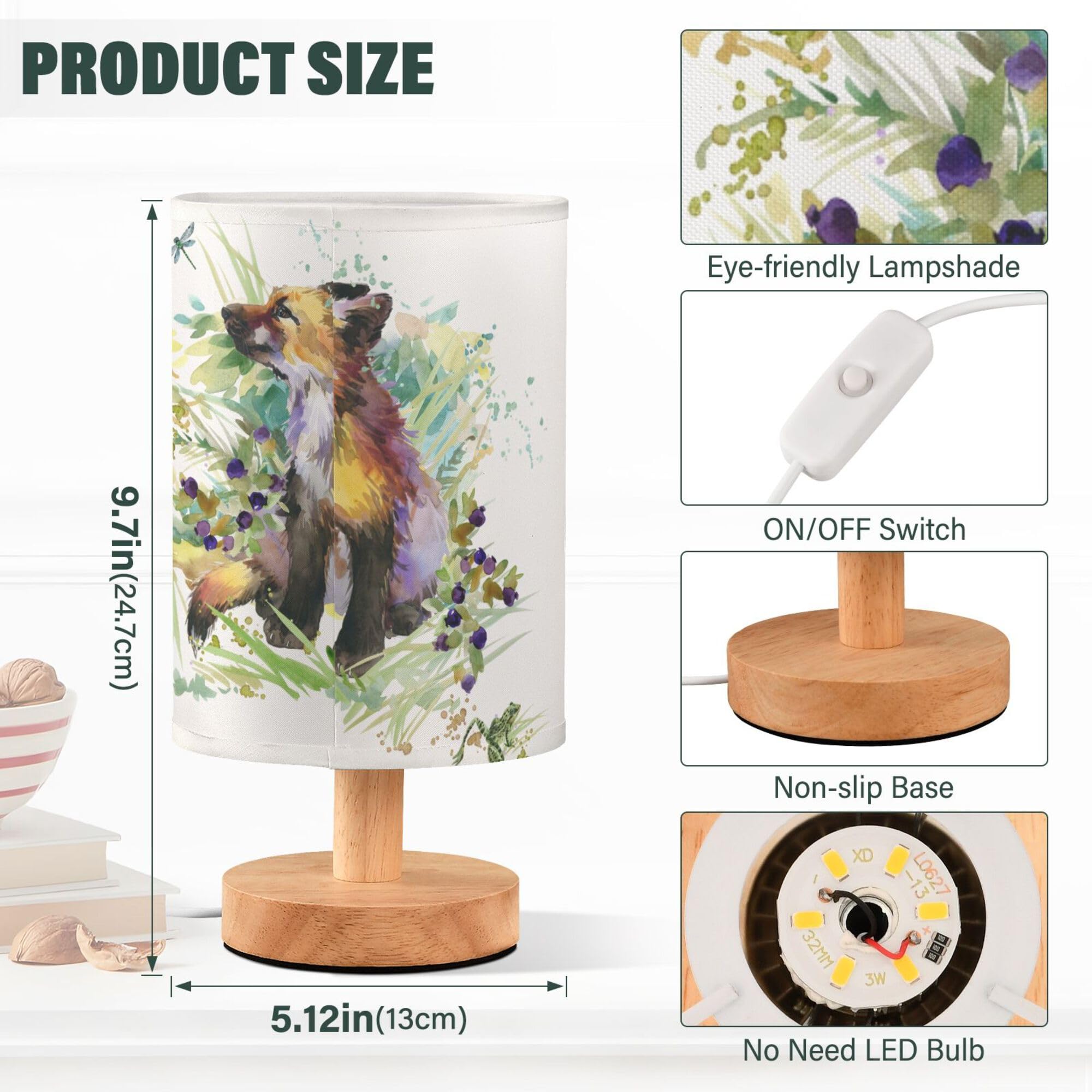 Yyzzh Table Lamp Fox Animal Dragonfly Frog In Floral Grass Woodland Nightstand Lamp With Wood Base Fabric Lamp Shade Bedside Des