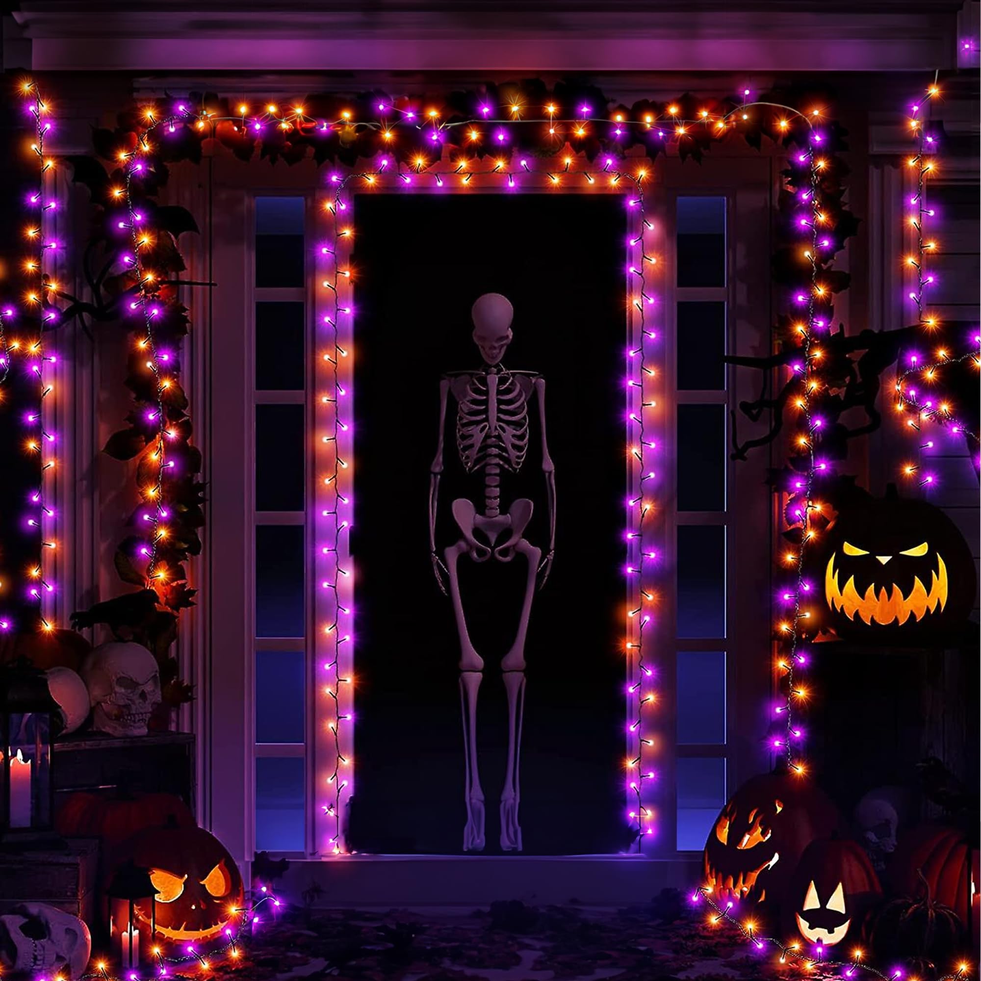 Dazzle Bright 500 LED Halloween String Lights, Waterproof Black Wire, 8 Modes, Purple & Orange, Outdoor Indoor Decor
