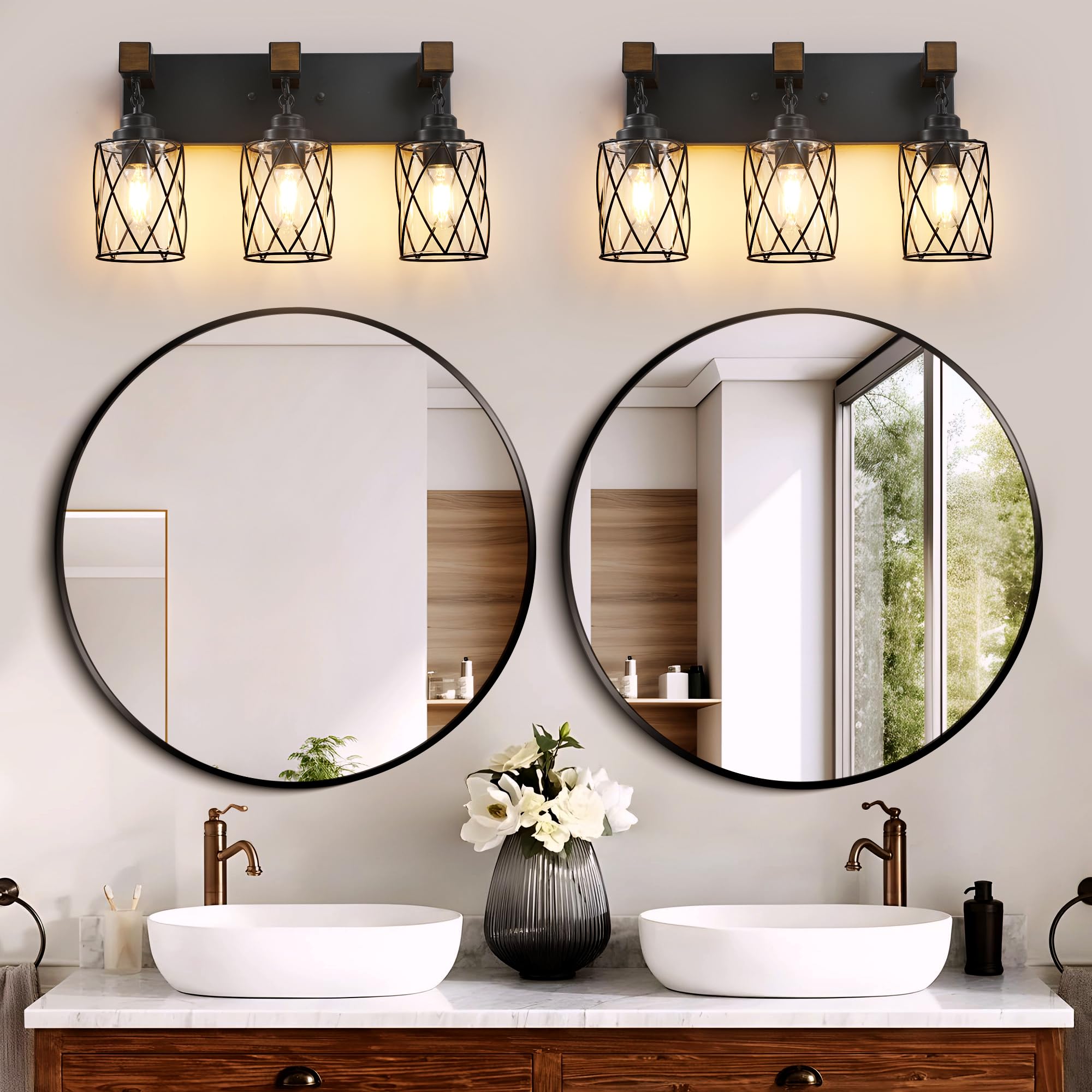 CmnVmn Farmhouse 3-Light Bathroom Vanity Light, Black Wood & Glass Sconces, Model C5009