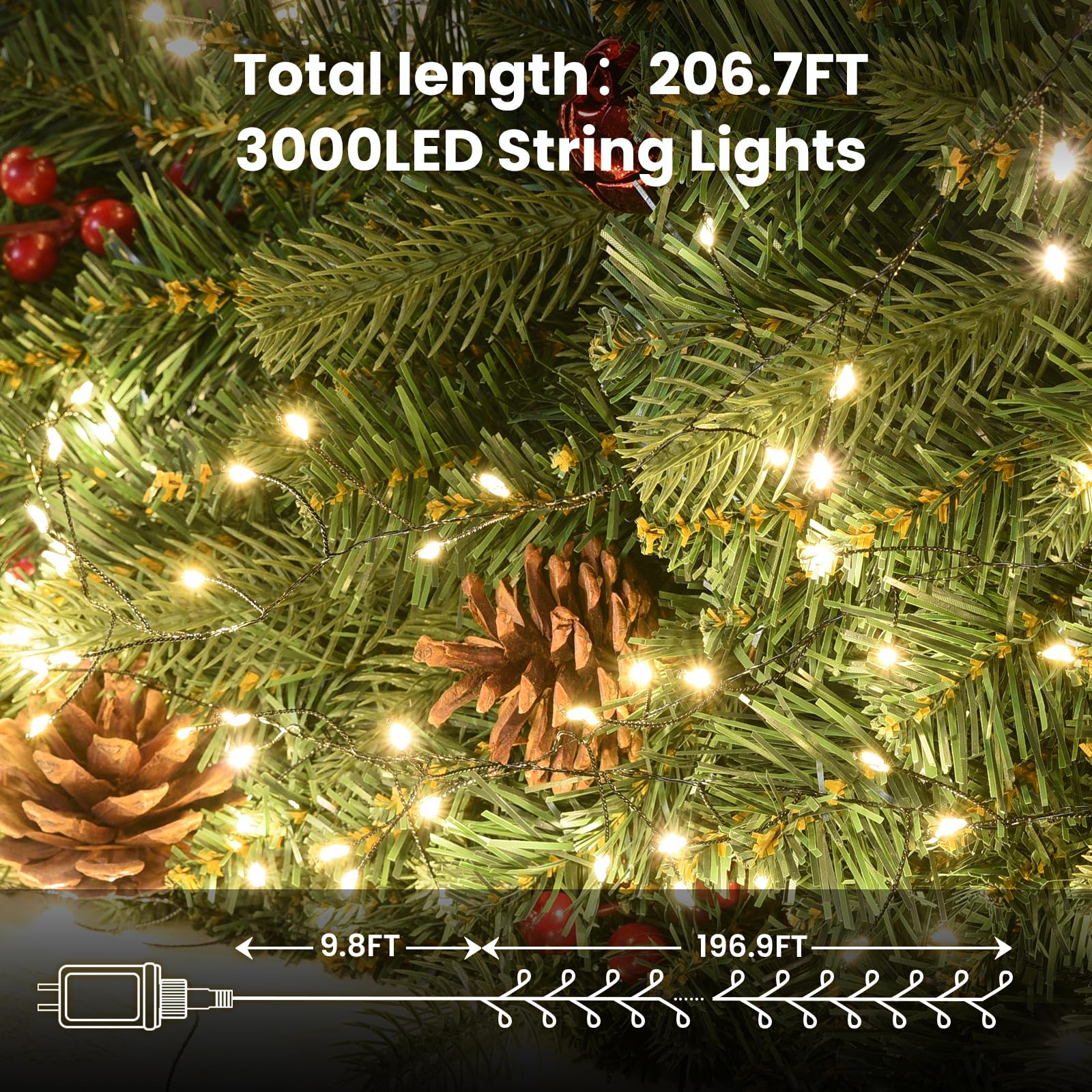 Dailyart Fairy Lights Plug in 3000 LED Warm Twinkle String Light 195Ft Waterproof Green Wire, Model DY-3000LED-LS-WW-YK