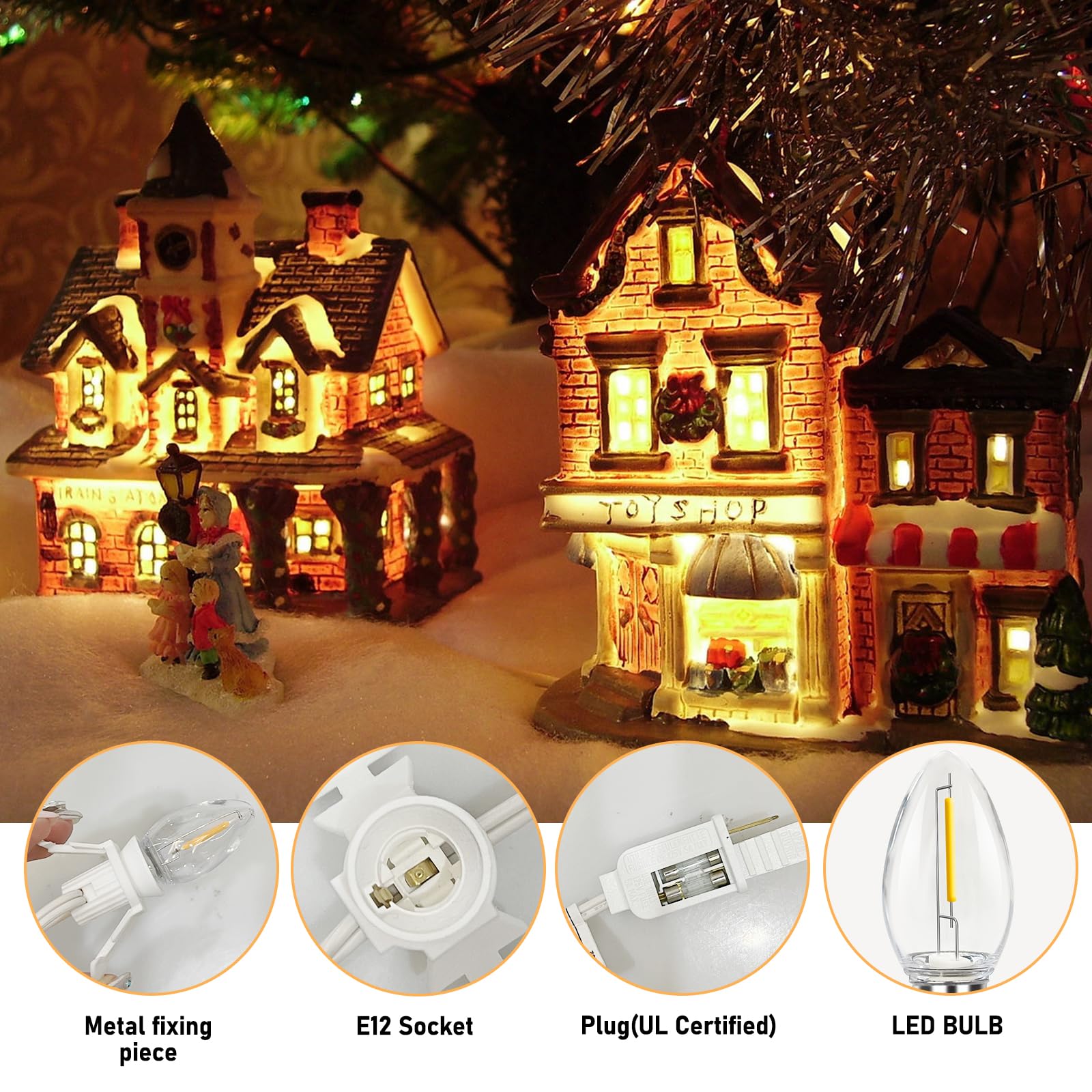 Doratale C7 LED Light Cord with Clip, 11Ft, White, Plastic, for Christmas Village, Indoor Crafts, Halloween Decor