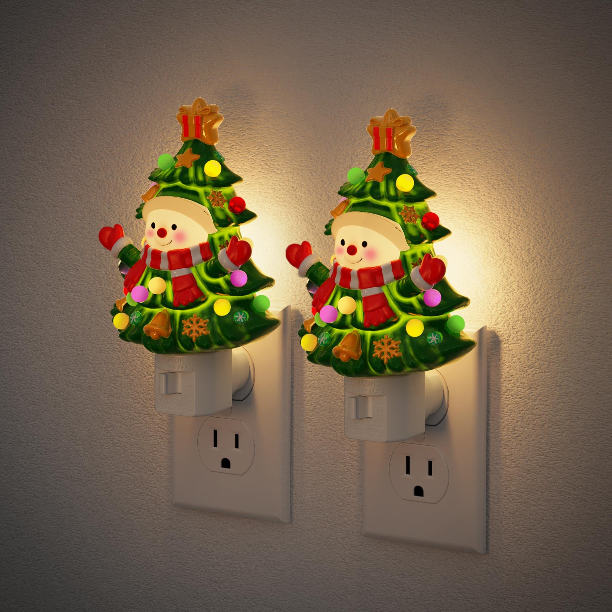 JandCase Christmas Tree & Snowman Night Light, 3000K Night Lights Plug into Wall,Cute & Funny Ceramics Christmas Night Light for