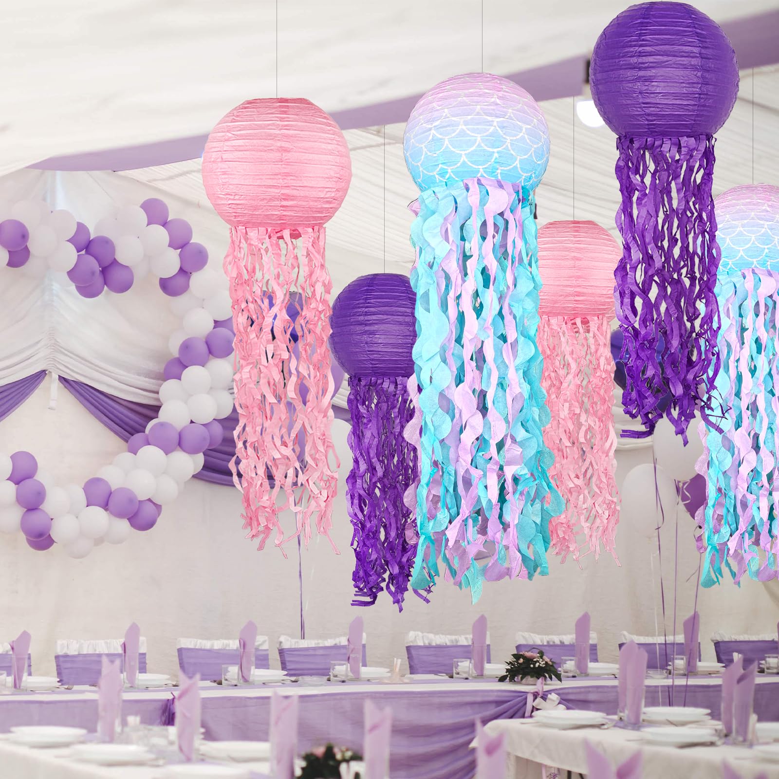 Hanging Jelly Fish Paper Lanterns Mermaid Theme Party Decorations, Pink Purple Blue Paper Lanterns For Ocean Theme Birthday Unde
