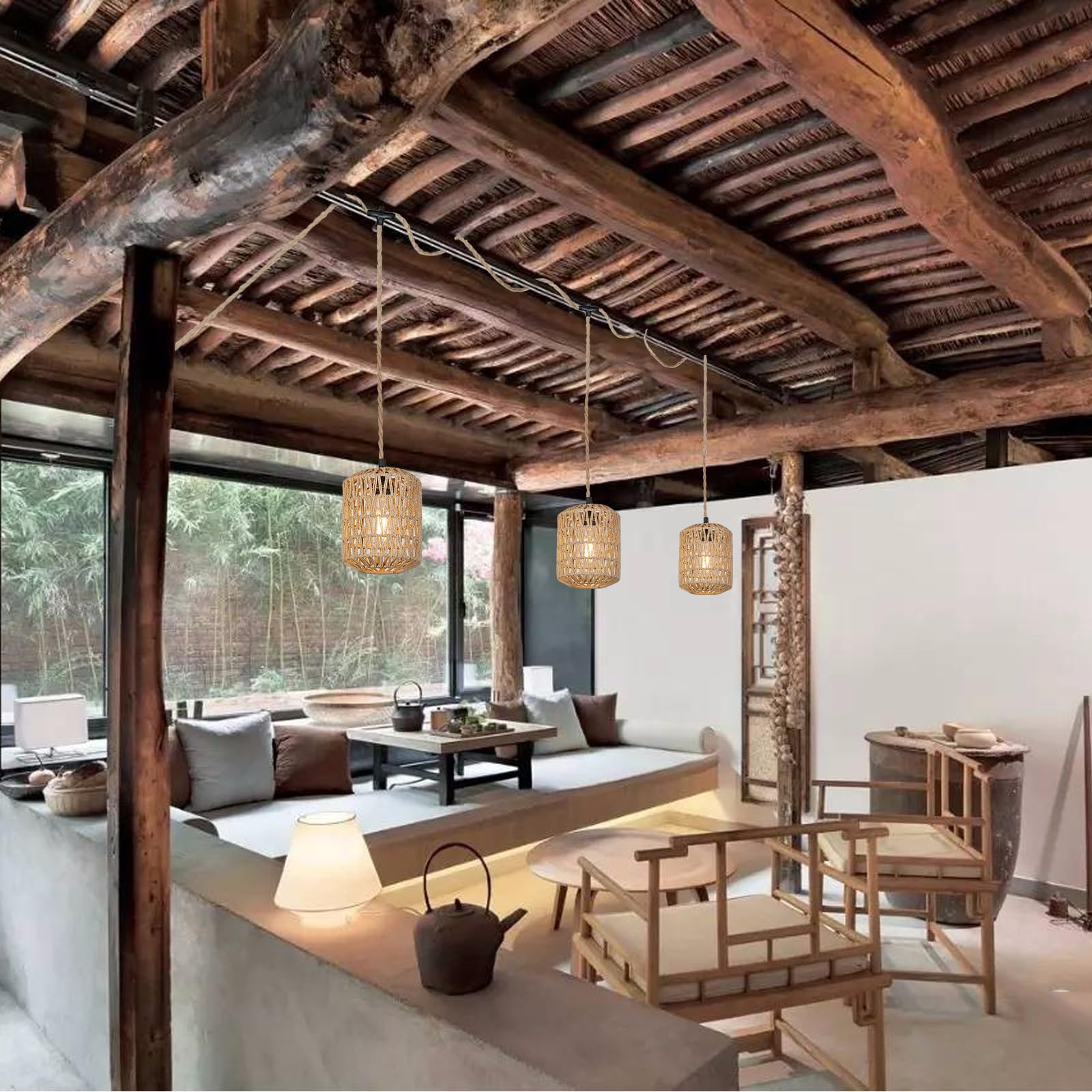 Alaislyc Rattan Plug-In Pendant Light With 3 Lights & On/Off Switch - Boho Wicker Chandelier