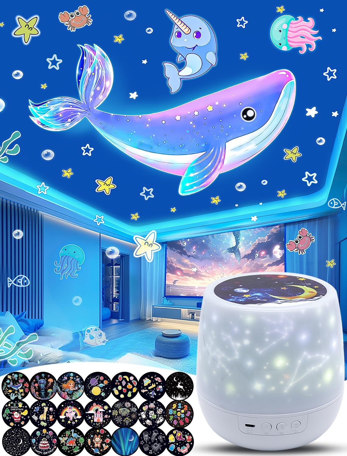 Projector Night Light for Kids + 21 Sets of Films, Night Light Projector for Bedroom, Ceiling, Kids Star Galaxy Projector with 3