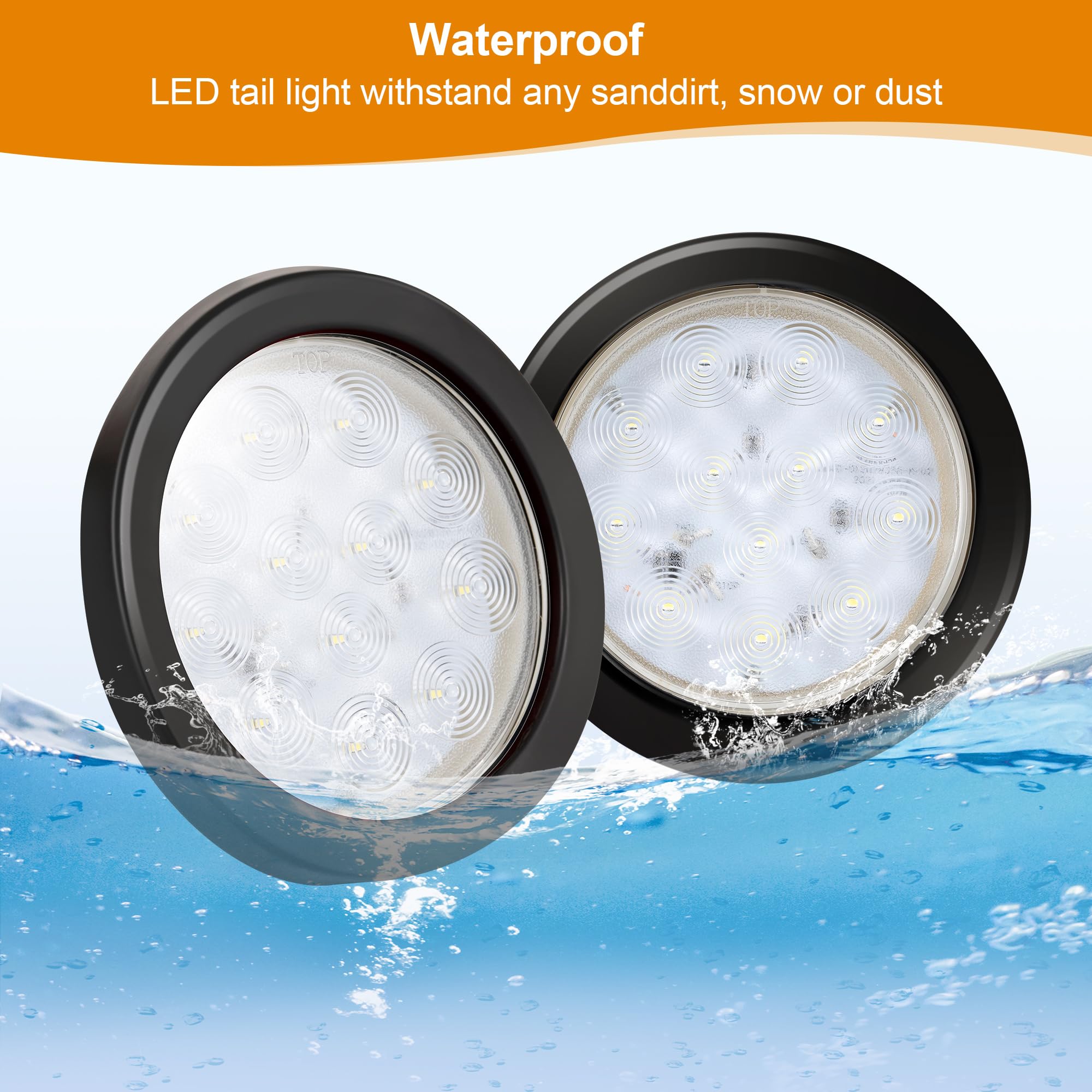 Runhwee 2Pcs 4'' Round Led Trailer Lights Kit White 12 Led Boat Marker Lights Brake Lights Stop Turn Side Utility Tail Lights Wa