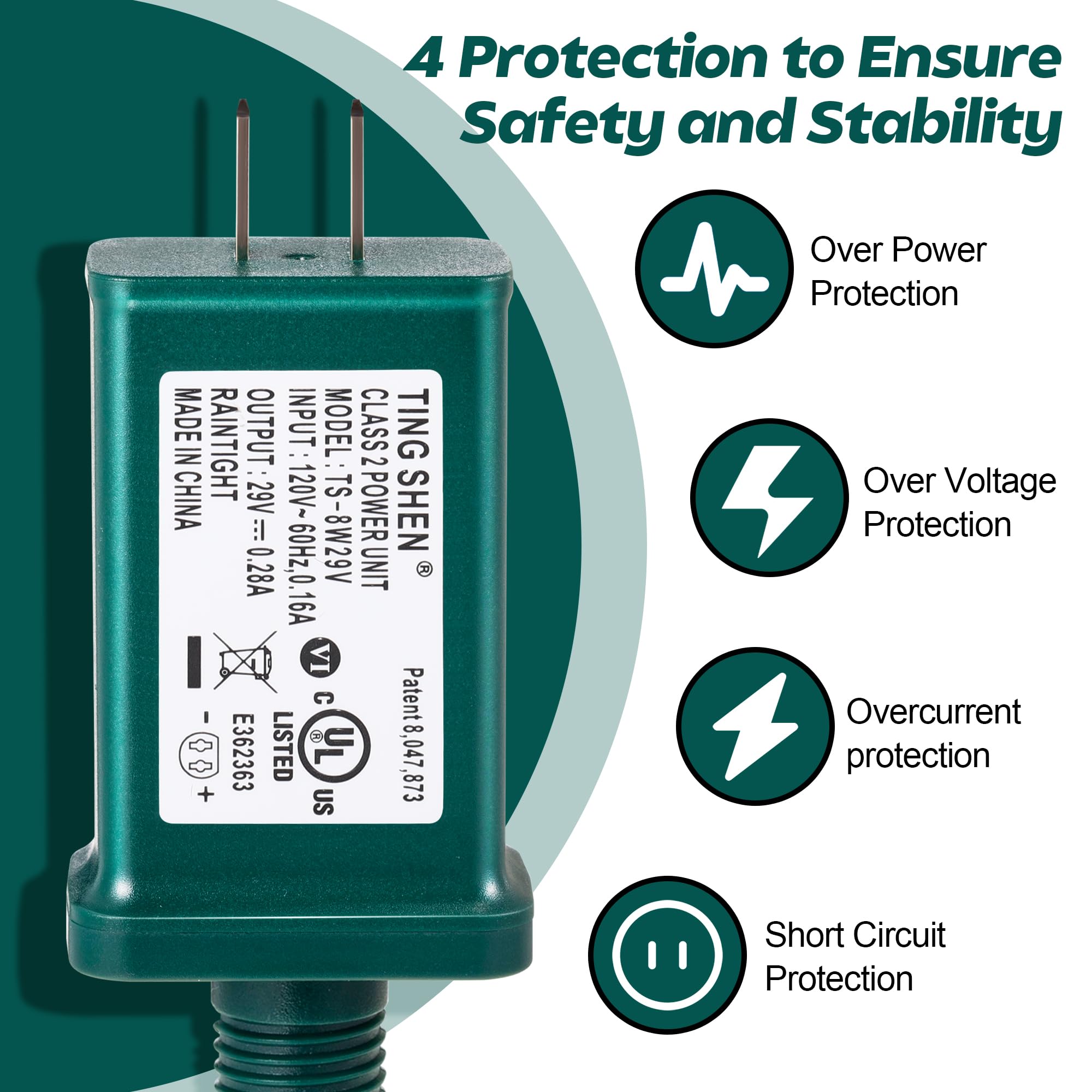 Enhon LED Power Supply TS-8W29V, UL Certified Low Voltage Transformer, Green US Plug Adapter for Christmas Tree Lights