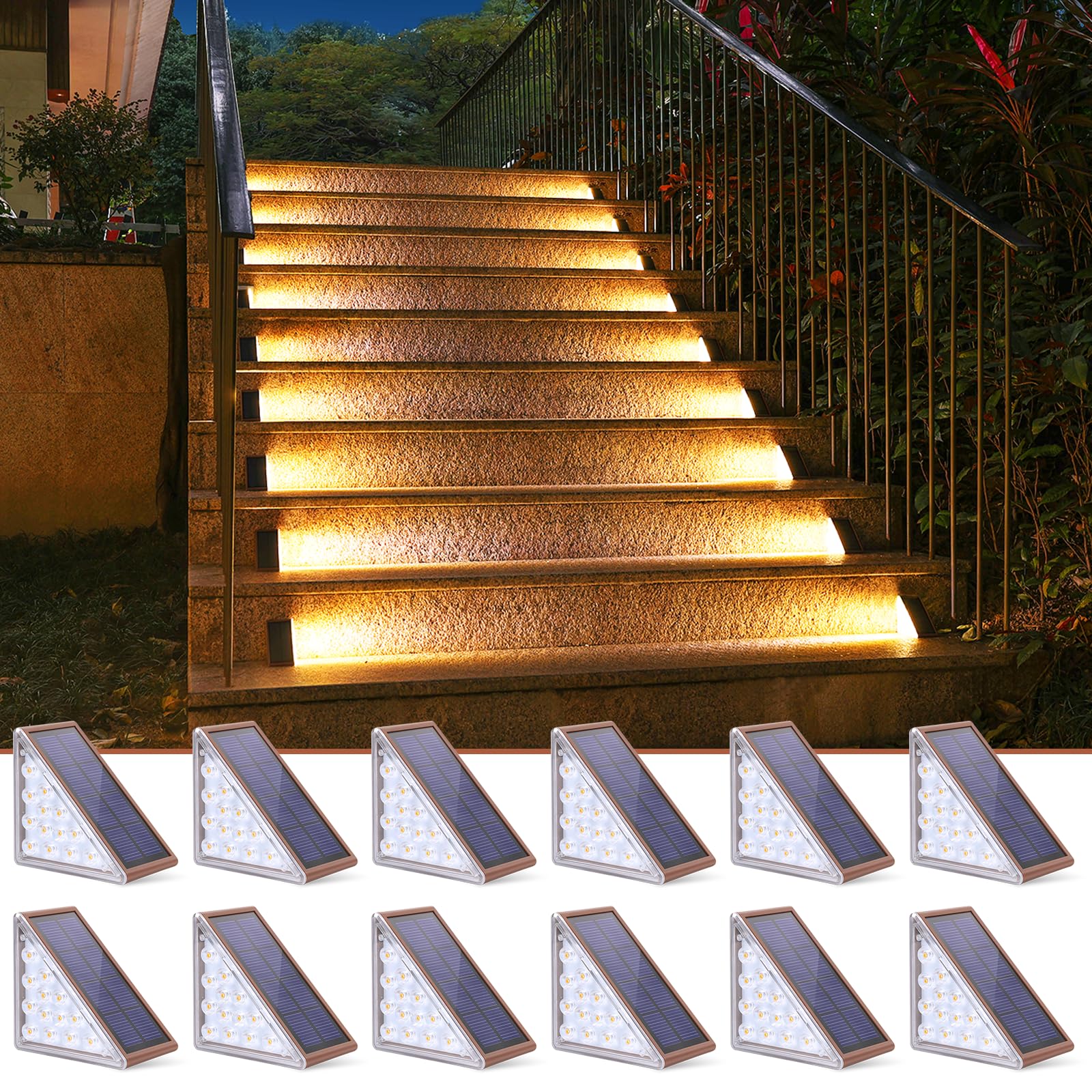 NIORSUN Outdoor Step Lights,12 Pack Warm White Stair Solar Lights Outdoor Waterproof IP67 Auto On Off,Solar Lights for Steps,Sta