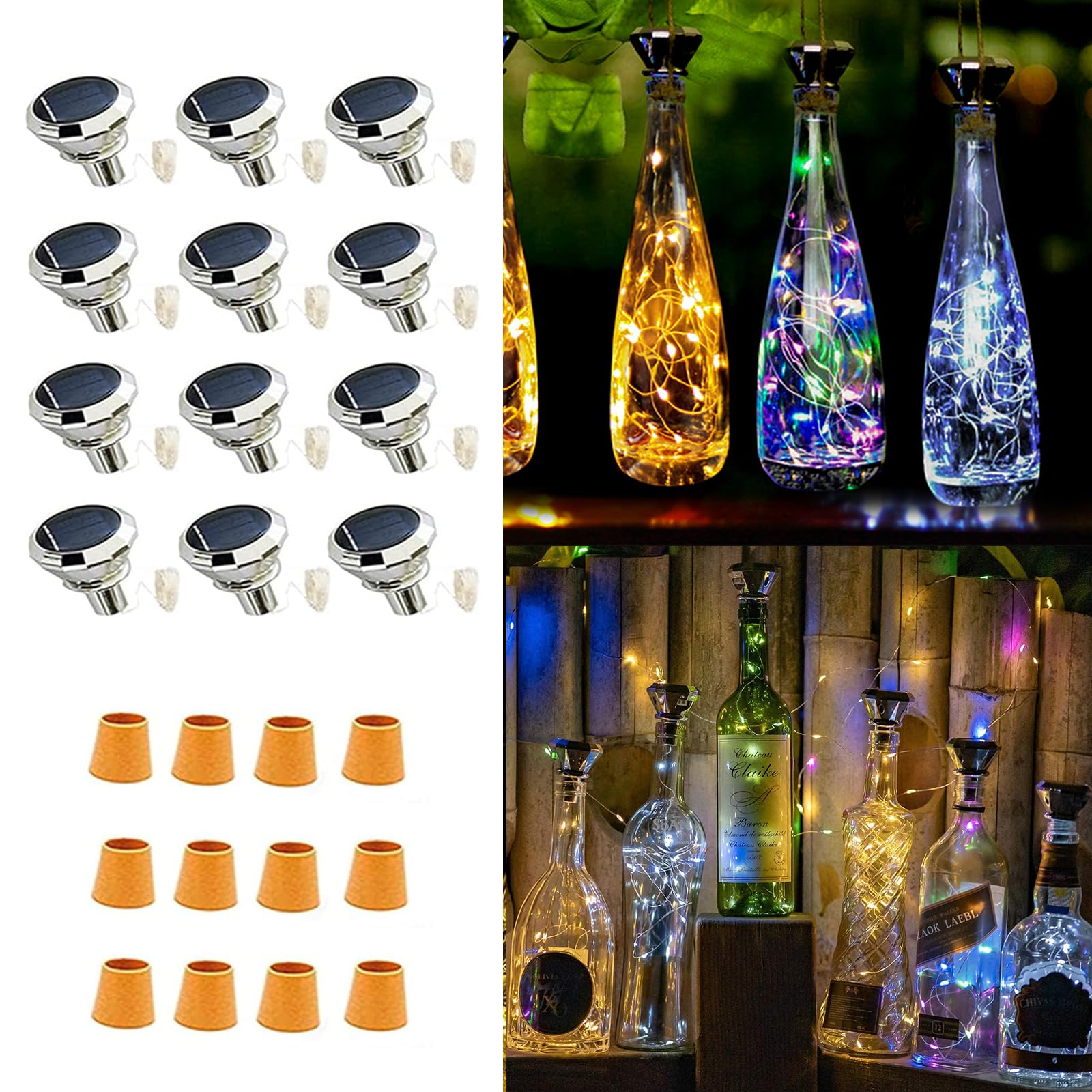 YJFWAL 2024 Upgraded 12 Pack Diamond Solar Wine Bottle Lights, 20 LED Starry Cork Lights Solar Operated Mini Copper String Lights for Wine Bottles, Outdoor Wedding DIY Halloween Deco (3 Colors)