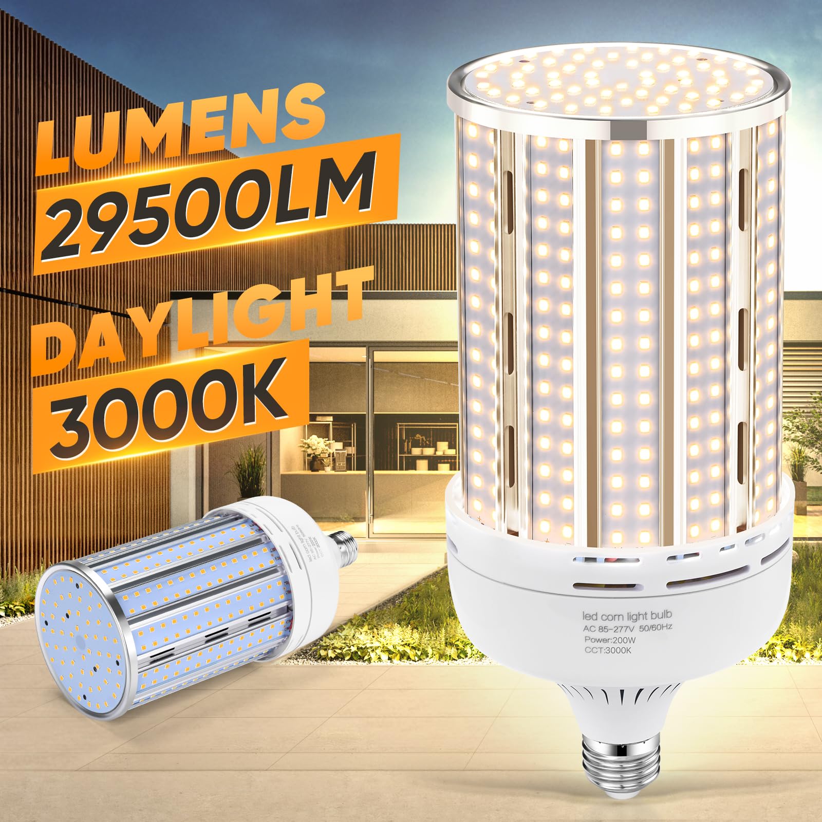 XYCN 2 Pack 200W Corn LED Bulb, 29,500LM, 3000K Warm White, E26/E39, Aluminum, Model YM-200W-2pack