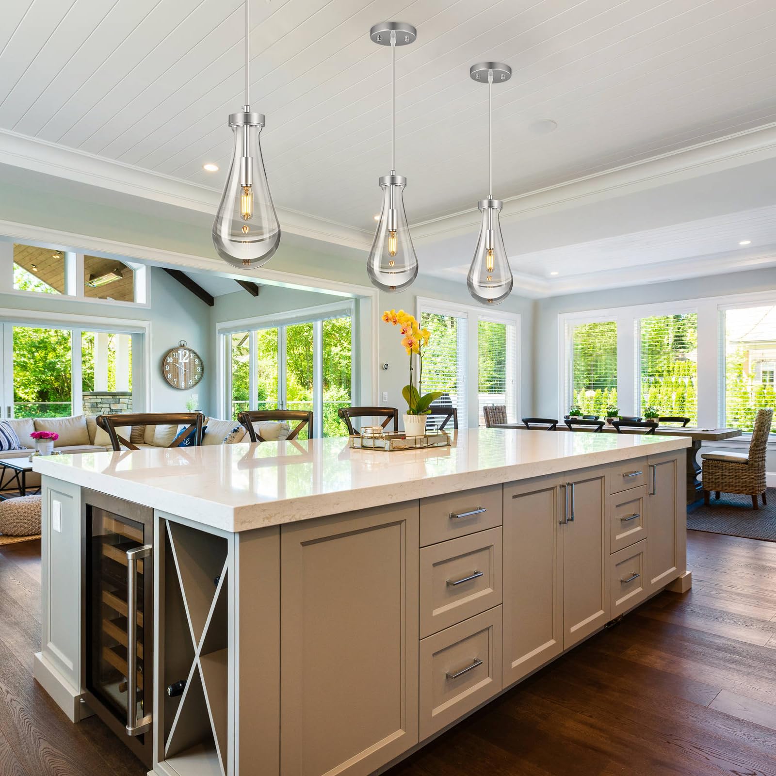 Liangmh Raindrop Pendant Lights Kitchen Island Teardrop Chrome Hanging Light Fixtures Clear Solid Glass Pendant Light Modern Cha