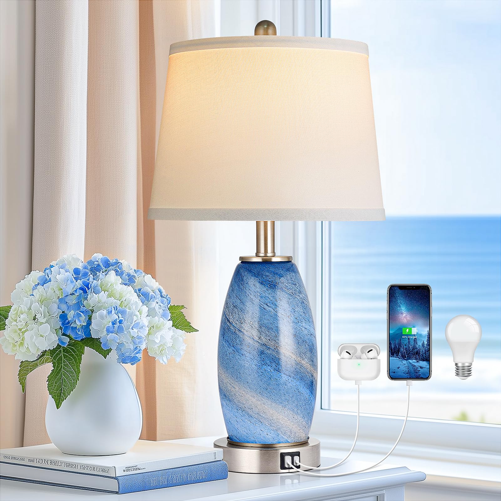Blue Lamp For Bedroom & Bedside With 3-Way Lighting Modes & Usb C+A - Modern Style Glass Nightstand Table Lamp For Living Room & Bedroom Decoration (23.5 H)