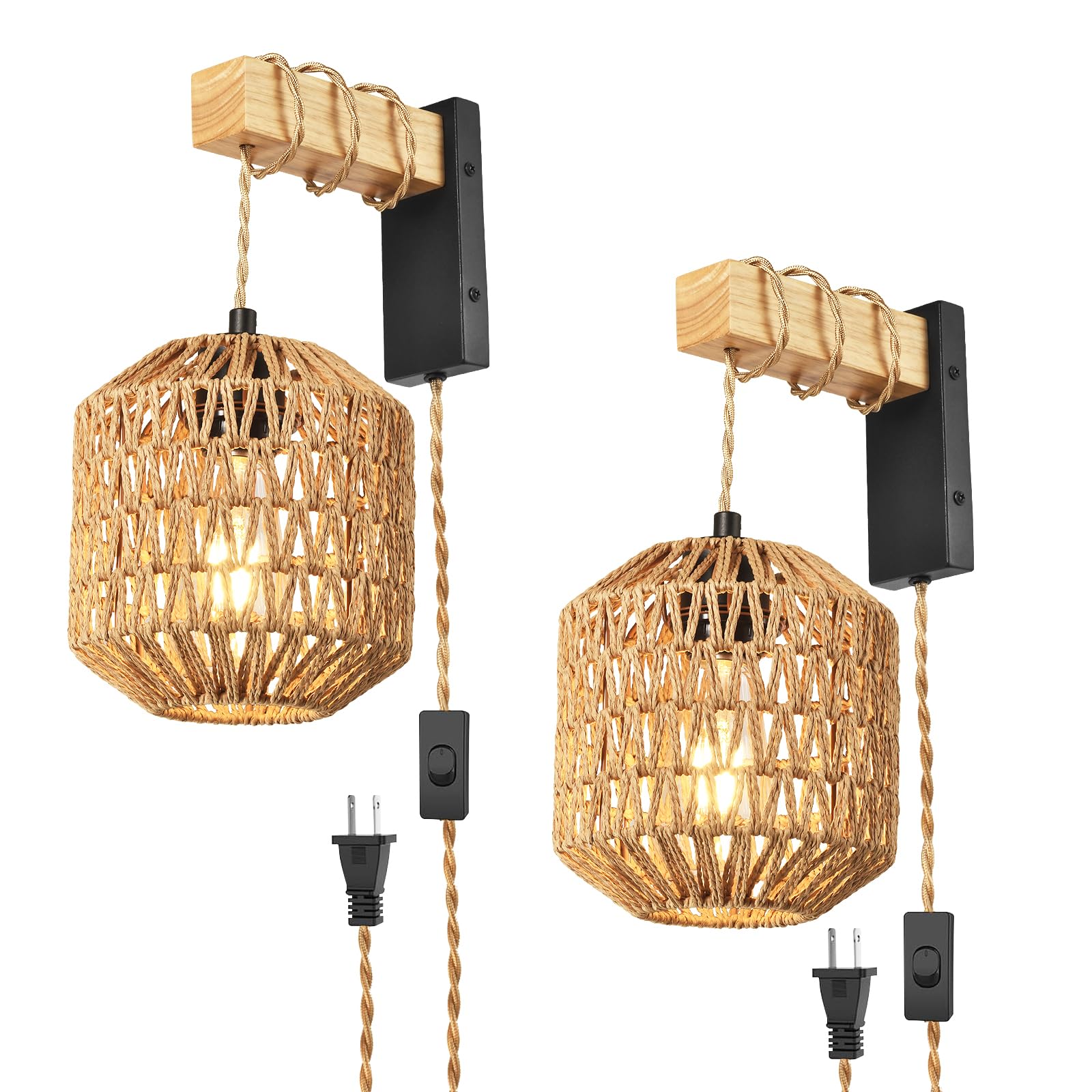 NOVCAND Rattan Plug in Wall Sconces Set of Two, Boho Design, Black, Model TW20240820, Size: Plug in Wall Sconces-02