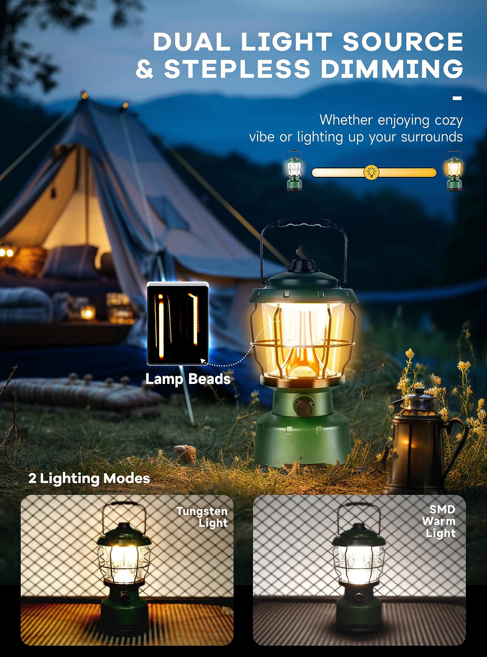 Favorbrite LED Camping Lantern - 2500LM Dimmable, Rechargeable, Water Resistant, Forest Green, Model DRFX-2003-US