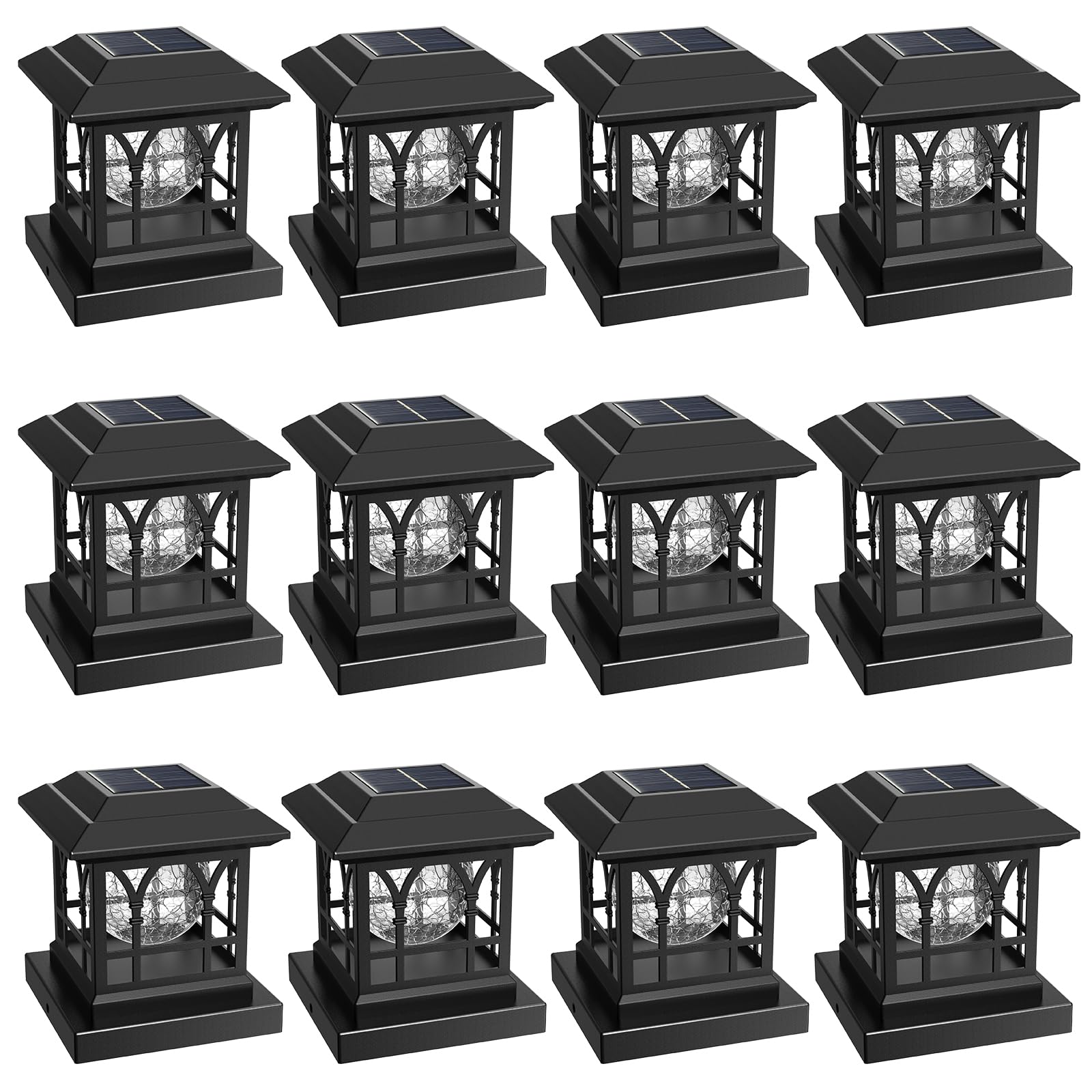Aeyanzz Fence Post Solar Lights, Crackle Glass Solar Post Cap Lights, 20 Lumens, Warm White & Rgb Automatic Cycling 2 Modes For 3.6X3.6 4X4 4.5X4.5 5X5 Vinyl Wooden Posts Decoration, Black (12 Pack)