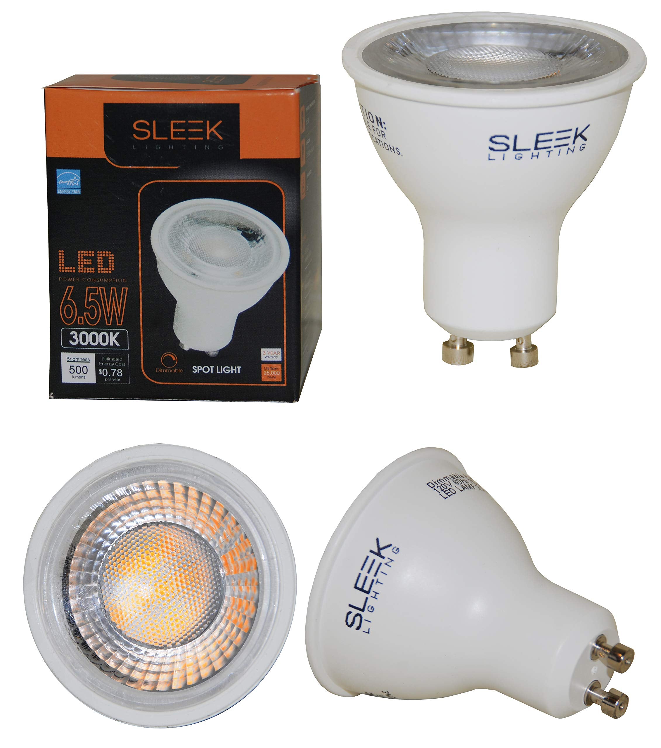 Sleeklighting Gu10 Led, 6.5 Watt, Dimmable,500 Lm, Light Bulb Spotlight, Recessed, Track Lighting. Ul & Energy Star Listed (Pack