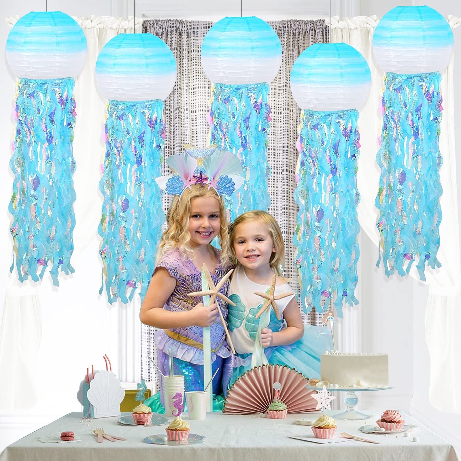 Adlkgg Hanging Jelly Fish Paper Lanterns, Gradient Colorful Blue Paper Lanterns For Mermaid Theme Party Under The Sea Ocean Birt