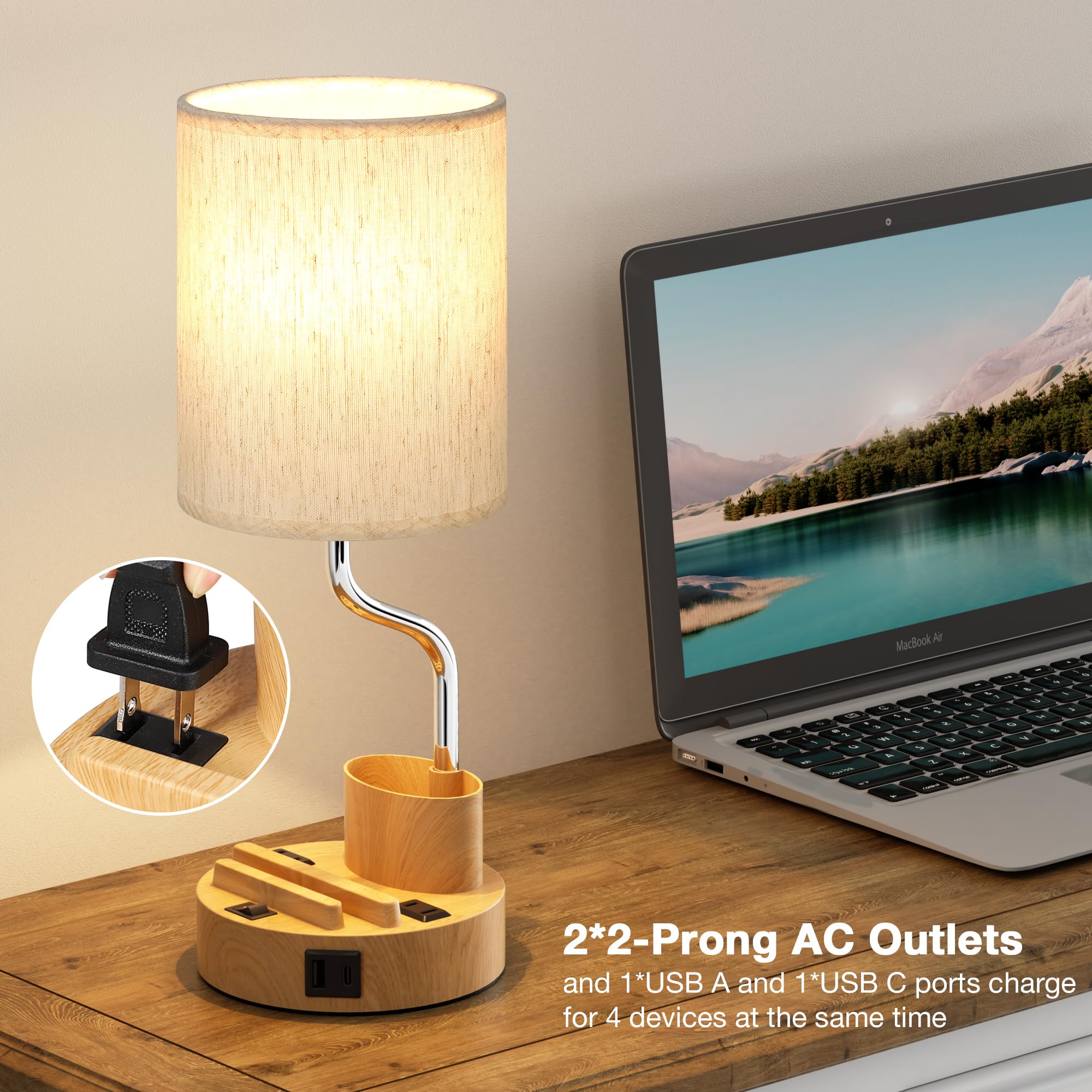 Bedside Table Lamps For Bedroom Set Of 2 - Nightstand Light With Ac Outlet And Usb A & C For Charging, 3 Color Temperatures Wood