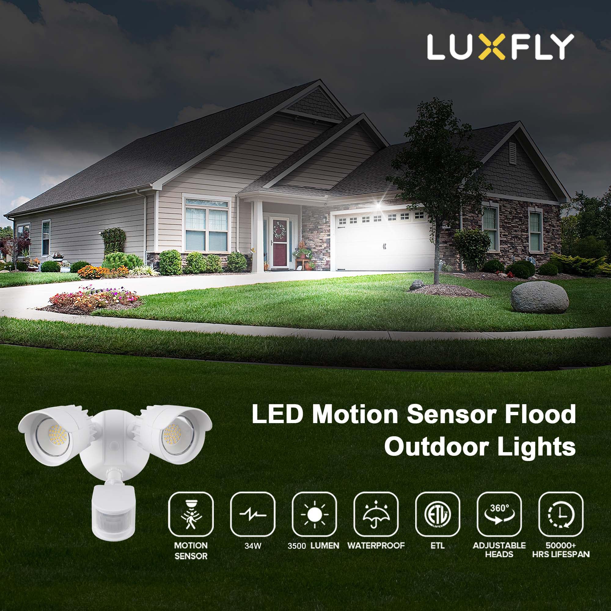 Luxfly Led Motion Sensor Outdoor Lights, 34W 3500Lm 5000K Daylight, Ip65 Waterproof, Dusk To Dawn Flood Light, 2 Head Motion Detector Security Lights For Outside, Patio, Garage, Yard (White, 1 Pack)