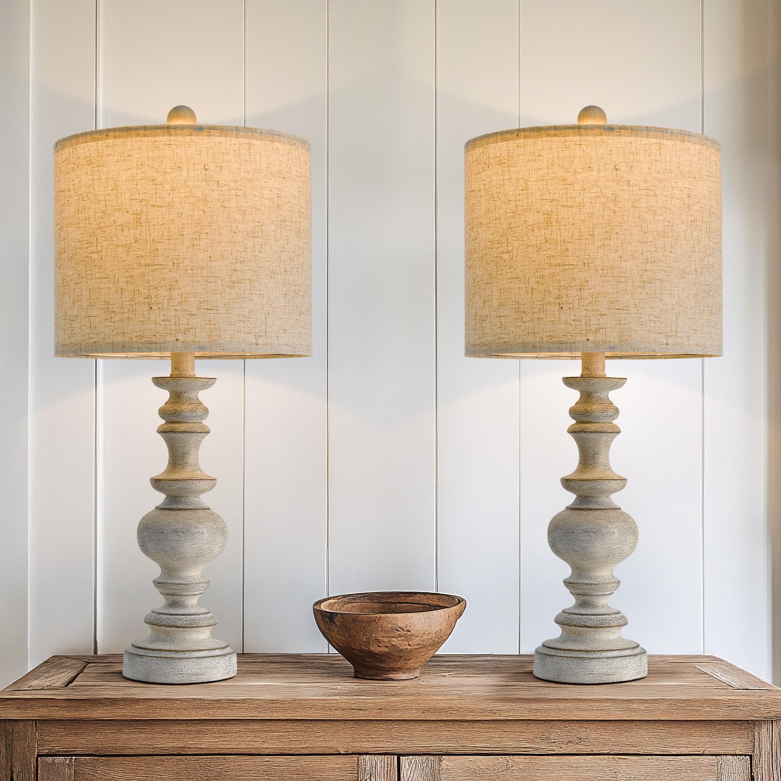 Bobomomo 24Farmhouse Retro Table Lamp Set Of 2, Traditional Resin Lamps For Living Room Bedroom, Vintage Bedroom Lamps With Line