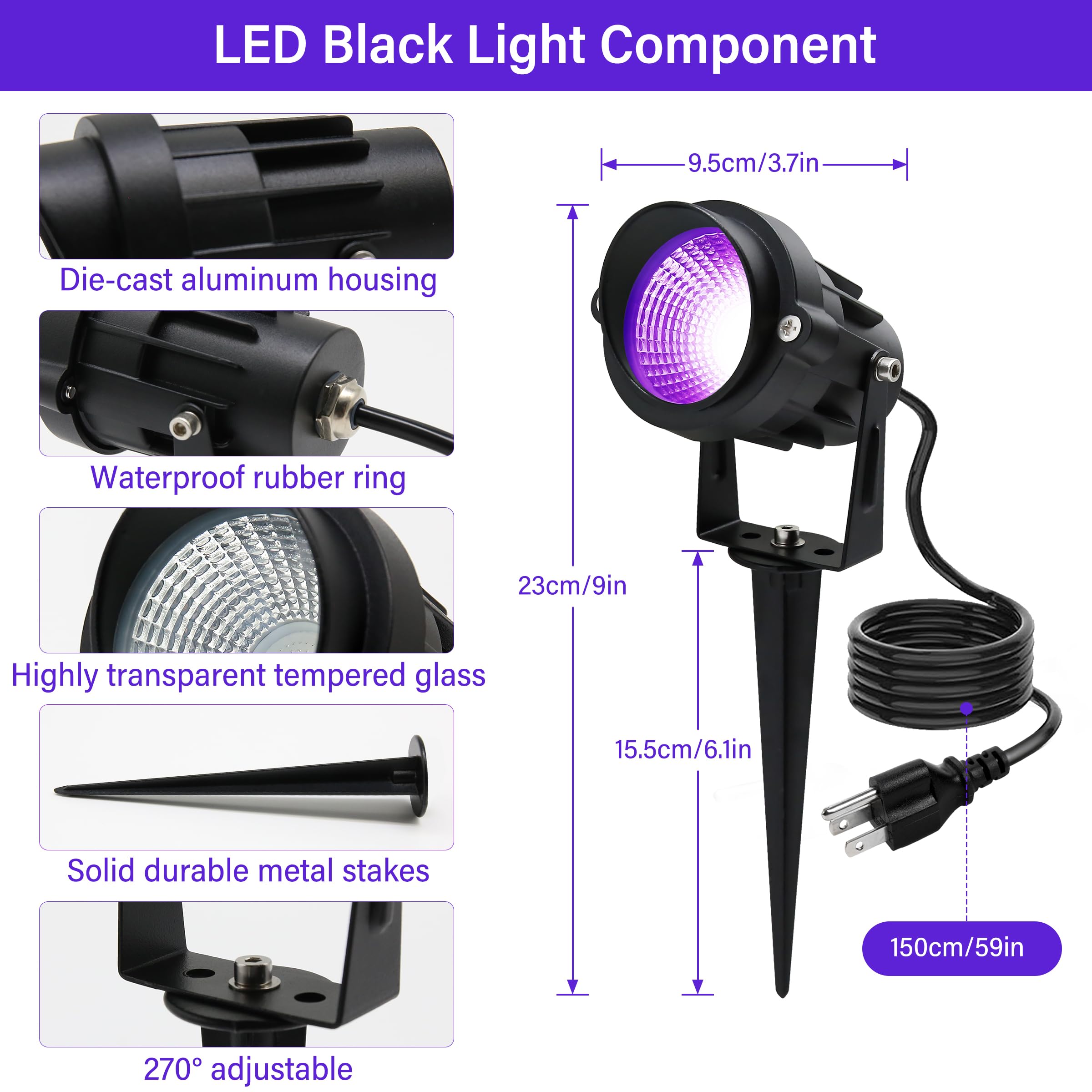 Qeeanmo 12W Halloween Outdoor Blacklight Spotlight, 2PACK Purple LED Landscape Lighting, Aluminum, Model PLDCD02