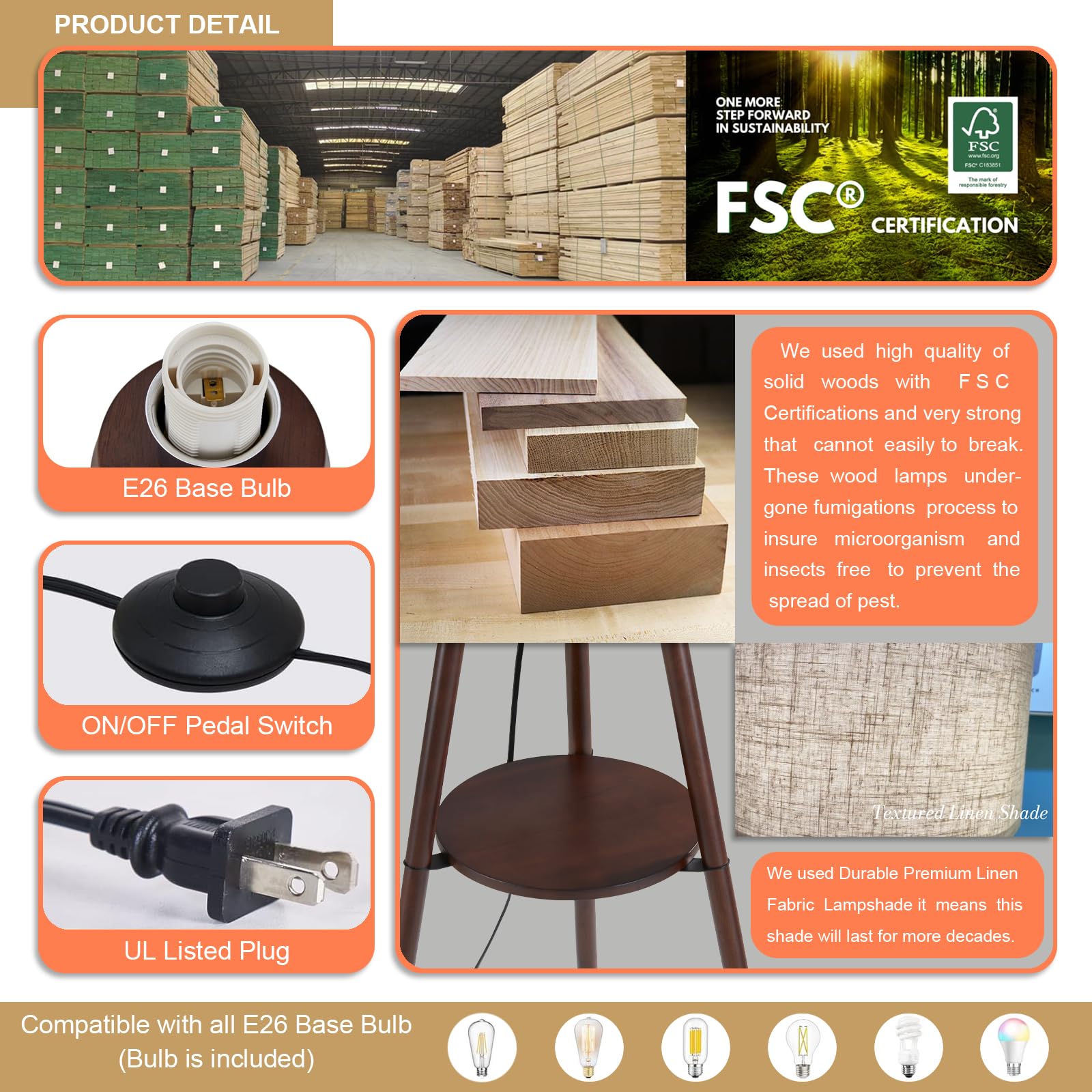 Baobab Tree Park Wood Tripod Floor Lamp For Living Room, 3 Color Temparature Led Bulb Included, Mid Century Modern Wooden Shelf