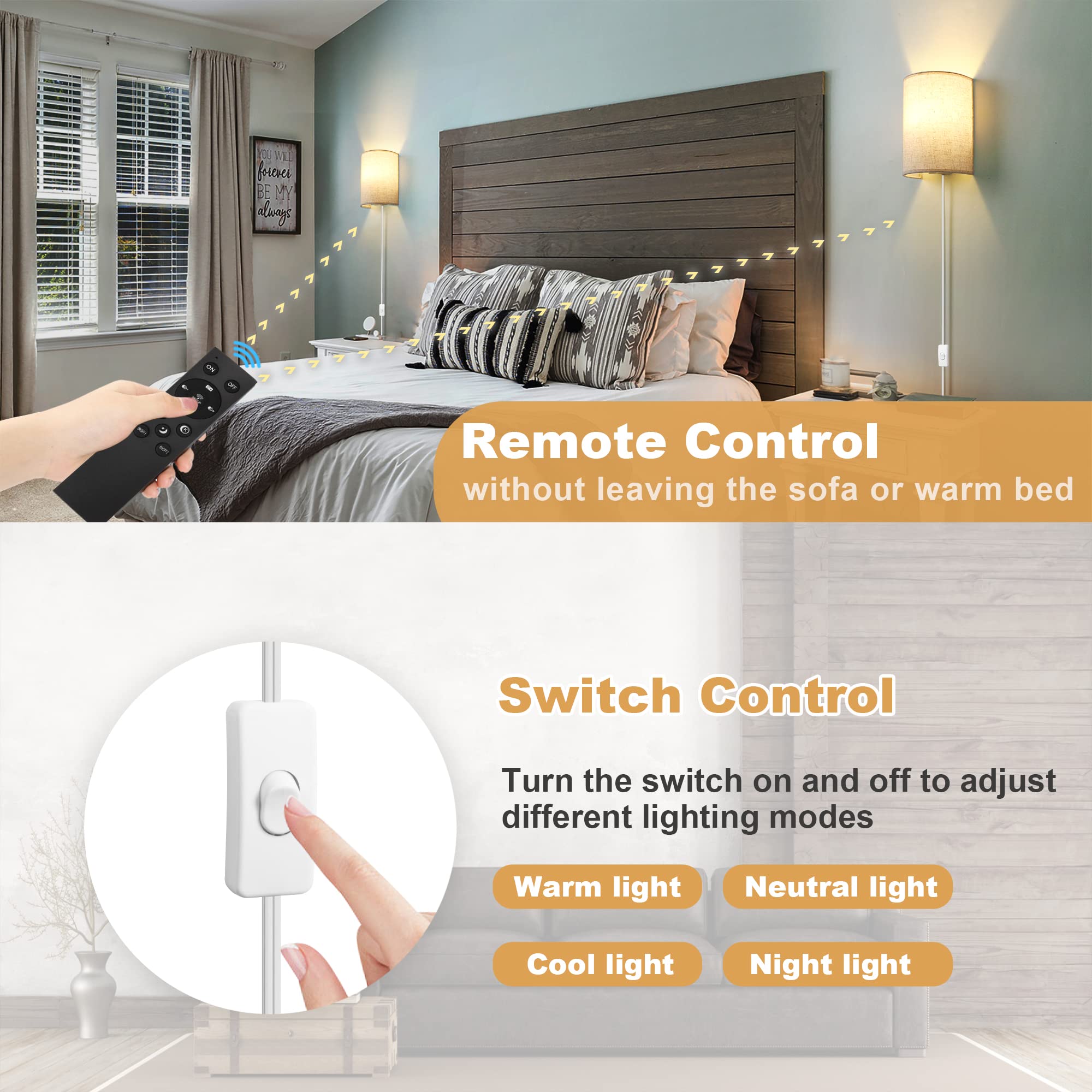 Goodate Plug In Wall Sconces, Dimmable 2700K-6500K, Set Of 2 With Remote &