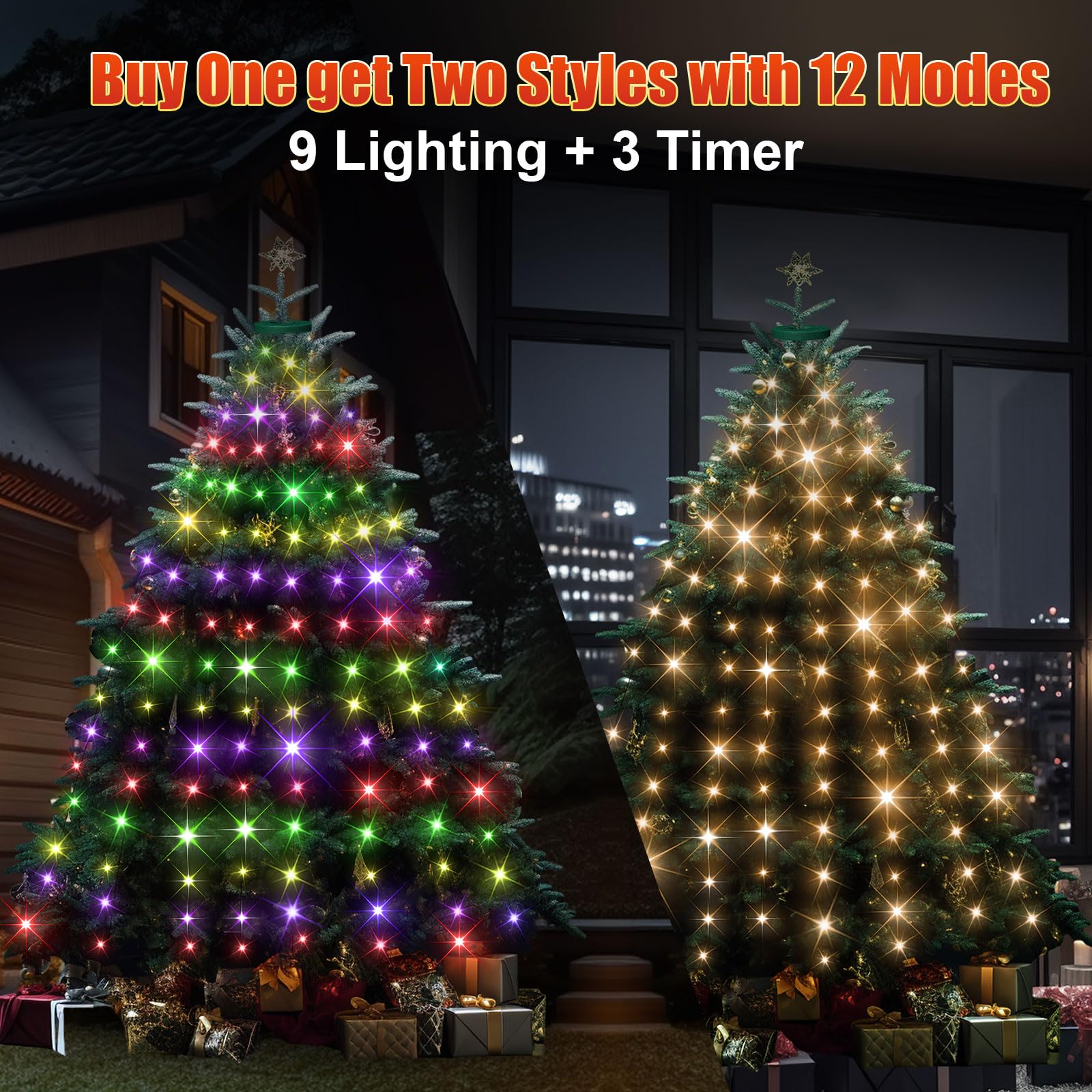 Comfyaura 12 Modes Easy Christmas Tree Lights With Ring Indoor Outdoor - 5Ft X 12 Lines String 216 Led Timer Dimmable Remote Waterproof Lights For 4 5 Ft Xmas Tree Decor (Warm White Or Multicolor)